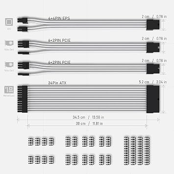 EZDIY-FAB PSU Cable Extension Sleeved Custom Mod GPU PC Power Supply Soft Nylon Braided with Comb Kit 24PIN/8PIN to 6+2Pin/ 8PIN to 4+4PIN-30CM 300MM - White