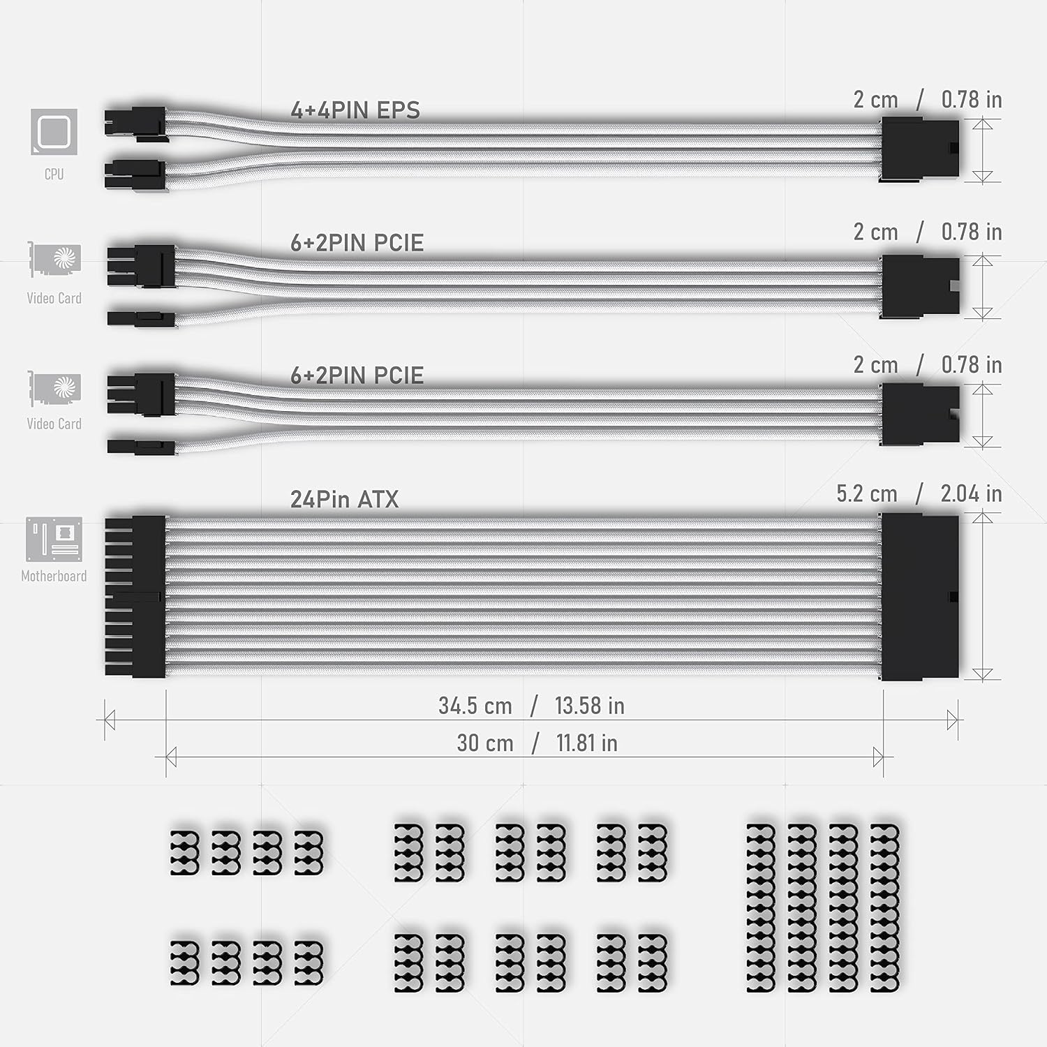 EZDIY-FAB PSU Extension Cable Sleeved Custom Mod PC Power Supply Cable, Soft Nylon Braided with Comb Kit 24PIN/8PIN to 6+2Pin/ 8PIN to 4+4PIN-30CM 300MM - White