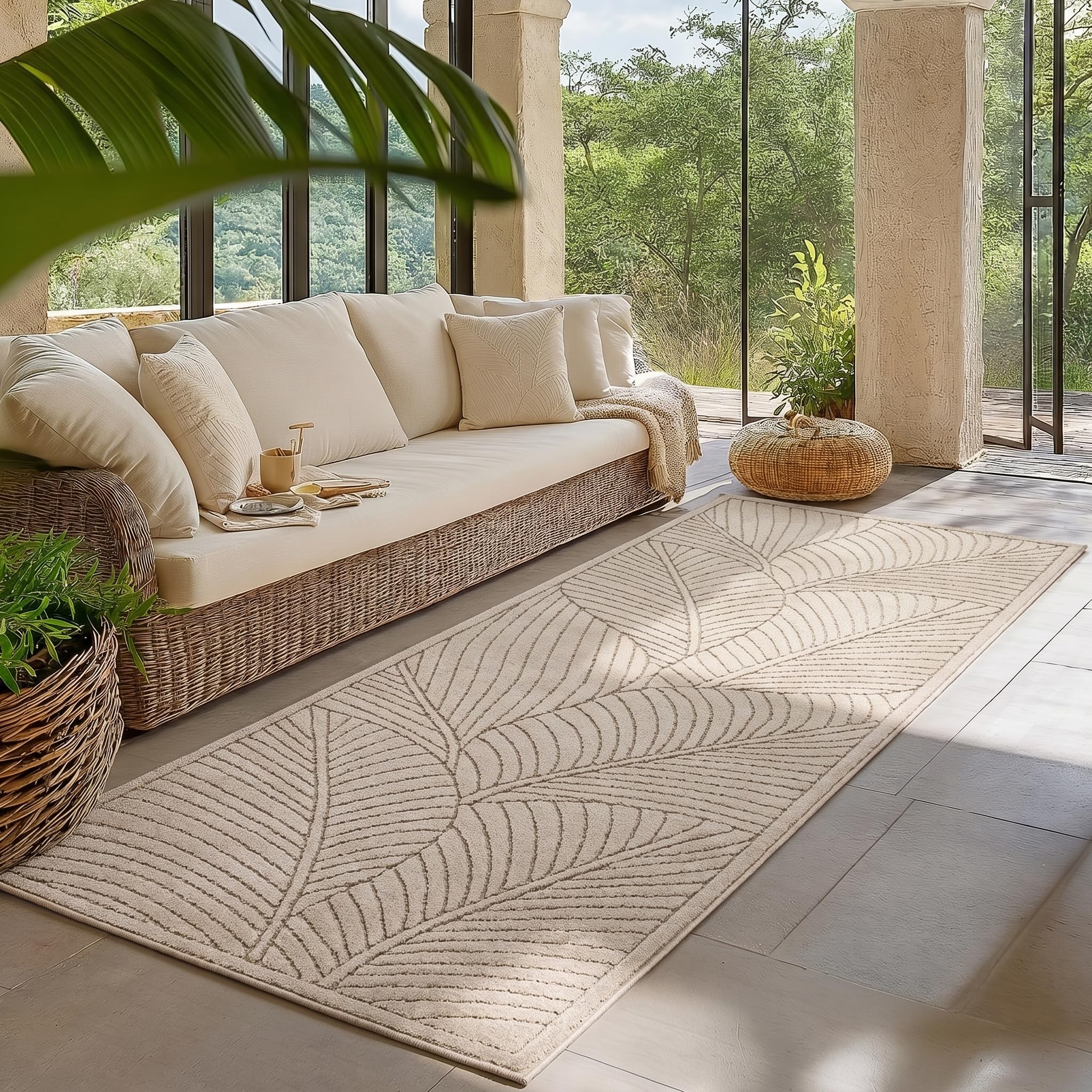 HomebyHome Kurzflor Teppich Wohnzimmer Schlafzimmer 3D Hoch-Tief-Effekt, Skandinavisch Boho Motiv, für Outdoor Bereich geeignet Terrassen oder im Balkon