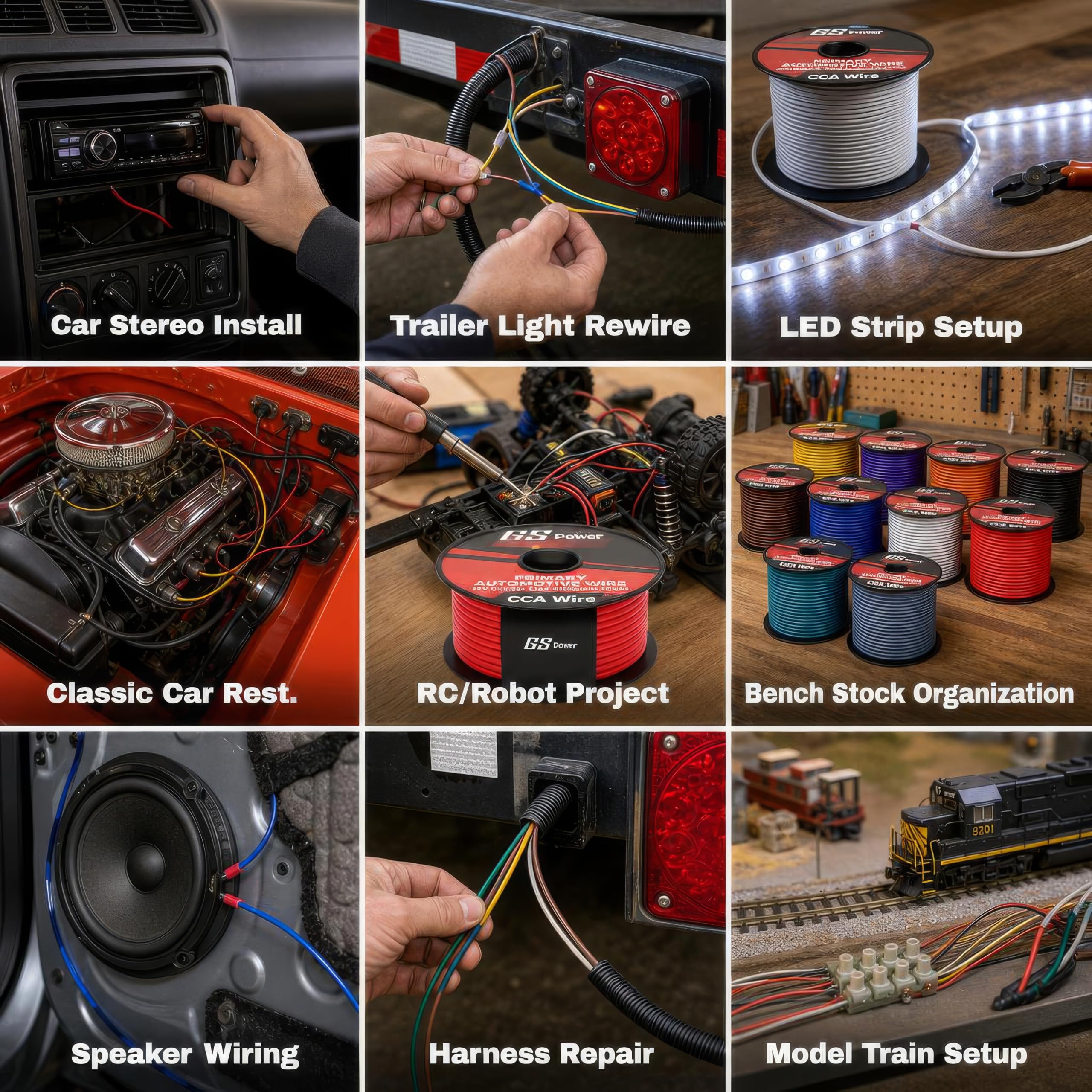 GS Power 's 18 Gauge GA, 6 rolek o długości 30 m (łącznie 600 ') Auto Audio Video Power Primary Remote-Turn-On Hook Up przewód (zestaw kolorów: czerwony, czarny, niebieski, żółty, biały, fioletowy)