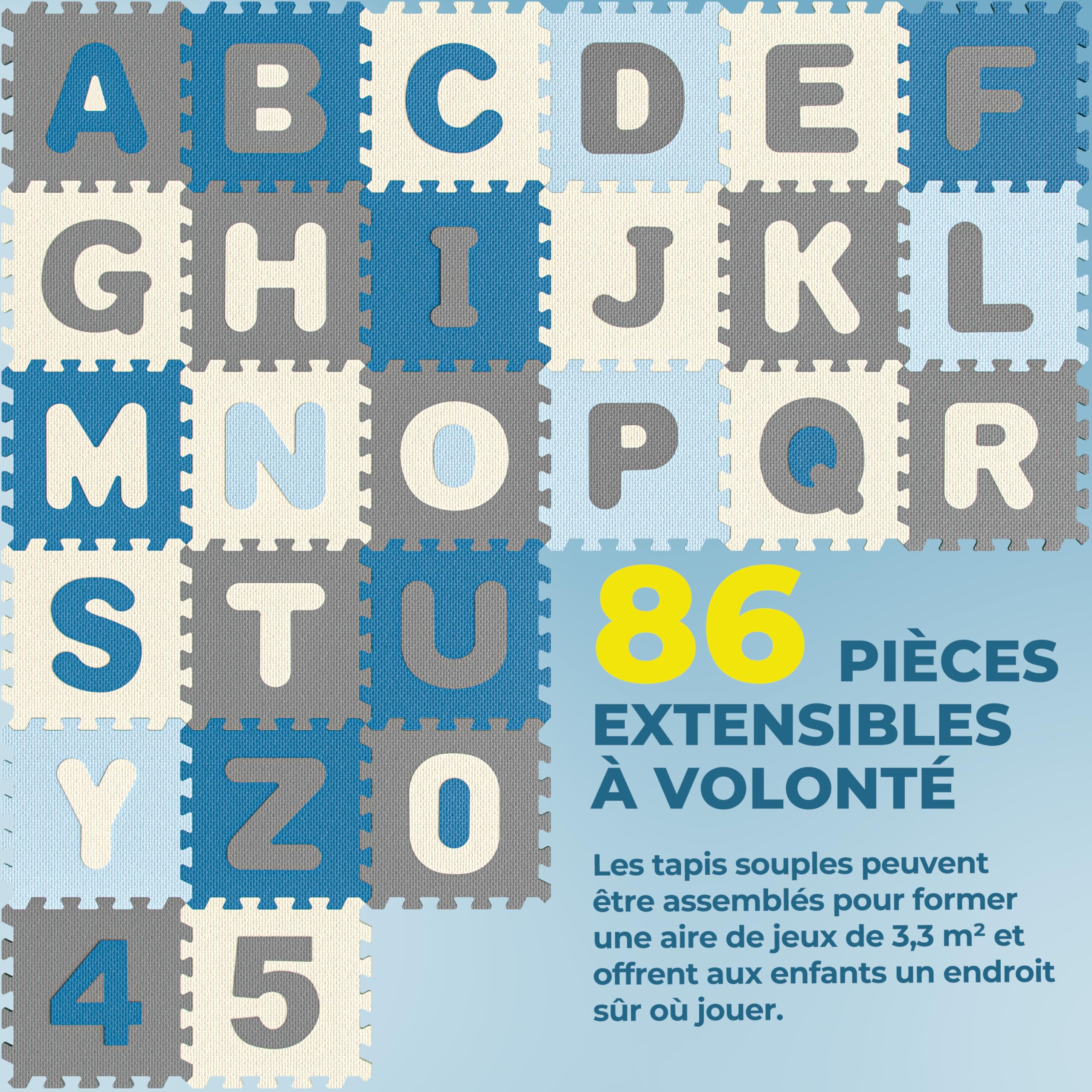 SPIELWERK Tapis Puzzle d'éveil et de Jeu Bleu - Dalles en Mousse XXL pour bébé ou Enfant Bas âge - Anti-dérapantes, avec Alphabet et Chiffres, 86 pièces, 36 Dalles de 30x30cm