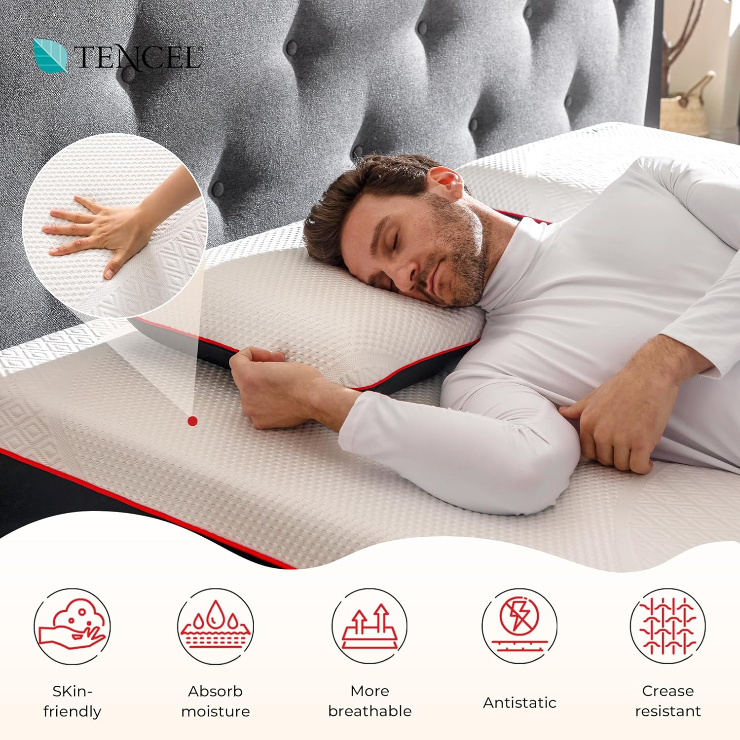 Image of a man sleeping on the MLILY mattress, highlighting features like skin-friendly, absorb moisture, more breathable, antistatic, and crease resistant.