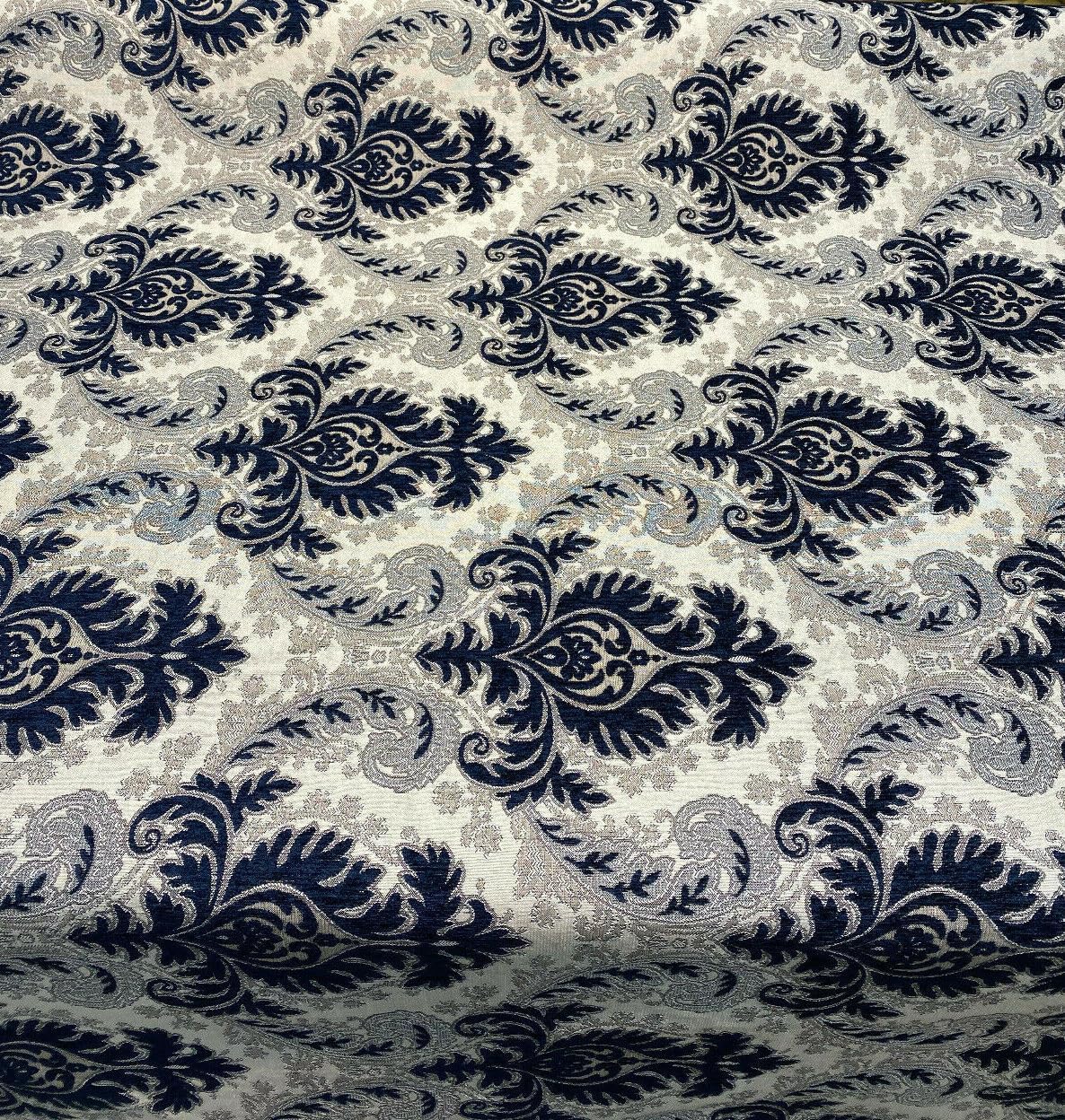 Grenada Damask Navy Blue Silver Upholstery Fabric by The Yard