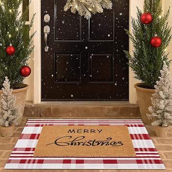 Christmas Doormat Combo Set - 100% Cocoa Welcome Mat + 28" x 43" Red and White Diagonal Plaid Rug, Christmas New Year Holiday Collection Doormat for Entryway Decor