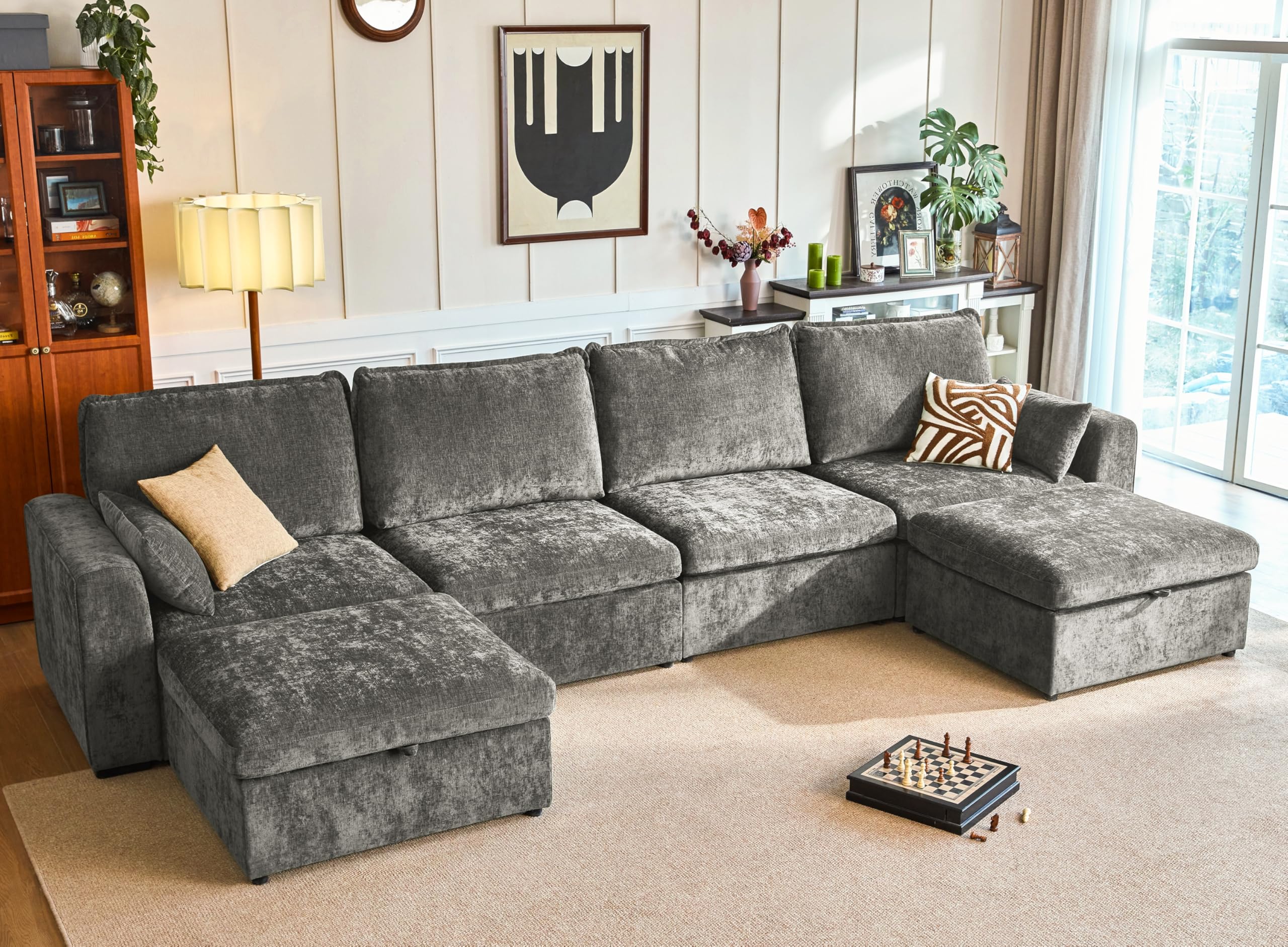 Bedeep 160.6'' Oversized Modular Sofa Comfy Cloud Couch with Storage, Extra Deep Plush Sectional Sofa Set U-Shaped for Living Room, Covers Washable, 6