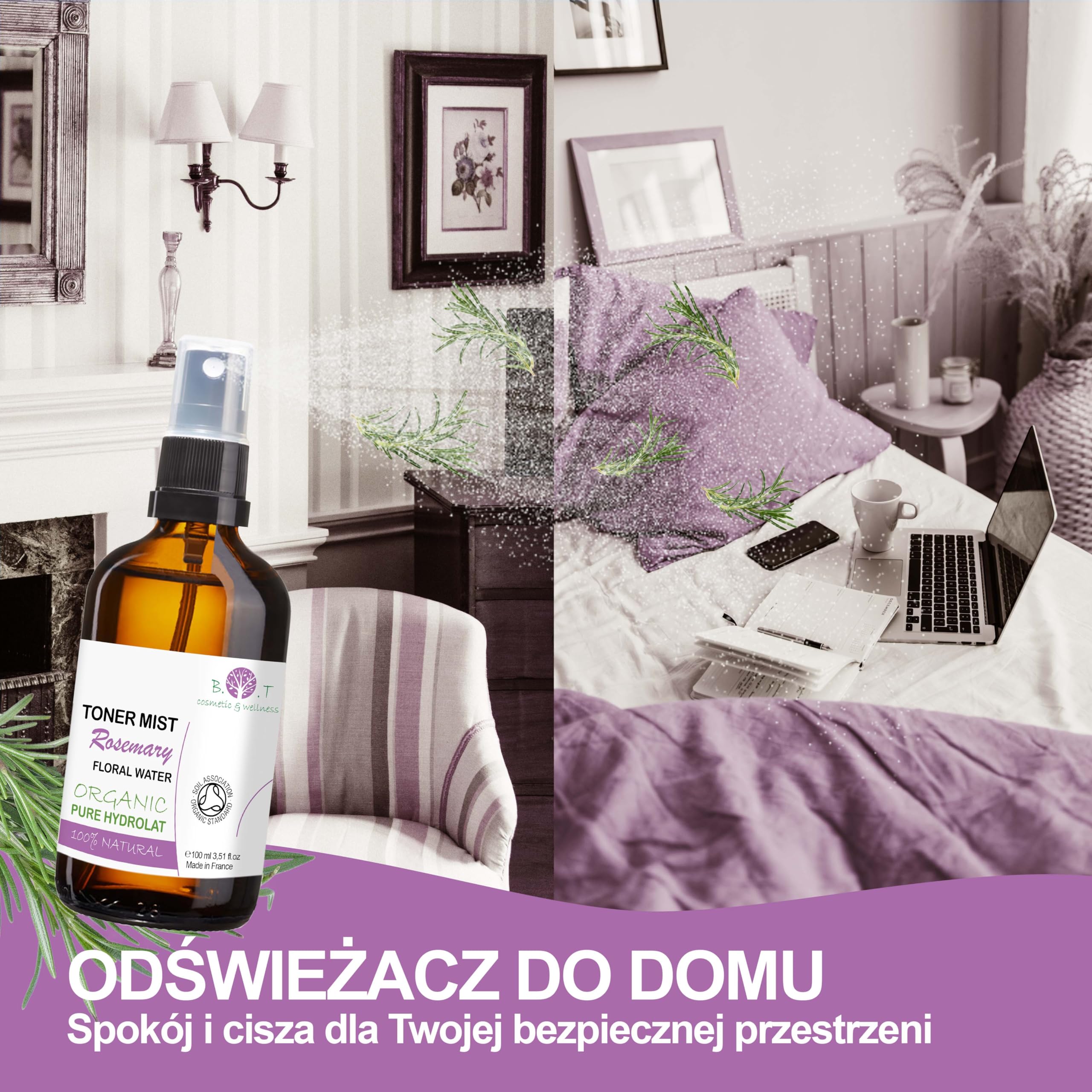 B.O.T Cosmetic & Wellness - Organiczny Hydrolat Rozmarynowy 100ml | Naturalny Tonik do Twarzy/Włosów | Spray do Ciała | DIY Kosmetyki, Rozmiar: 100 ml