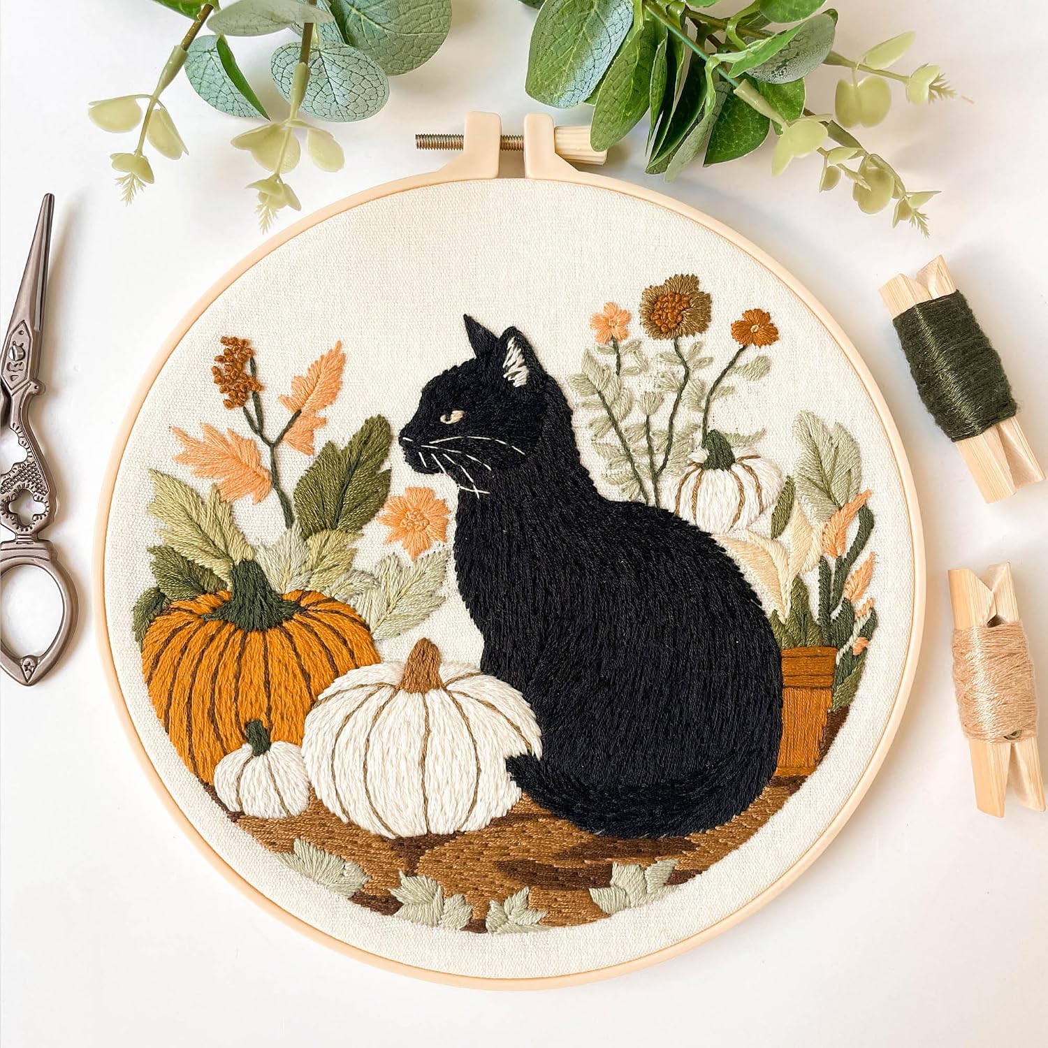 Myfelicity Embroidery kit,Fall Black Cat Embroidery Kit, Set of 3 Hoops, Autumn Pumpkin and Floral Design