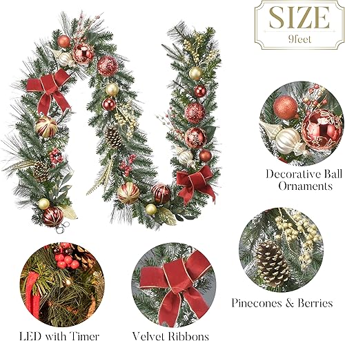 Miniatura 6 de Valery Madelyn Guirnalda de Navidad preiluminada de 9 pies con luces para manto, guirnalda de Navidad iluminada al aire libre con bolas de oro rojo