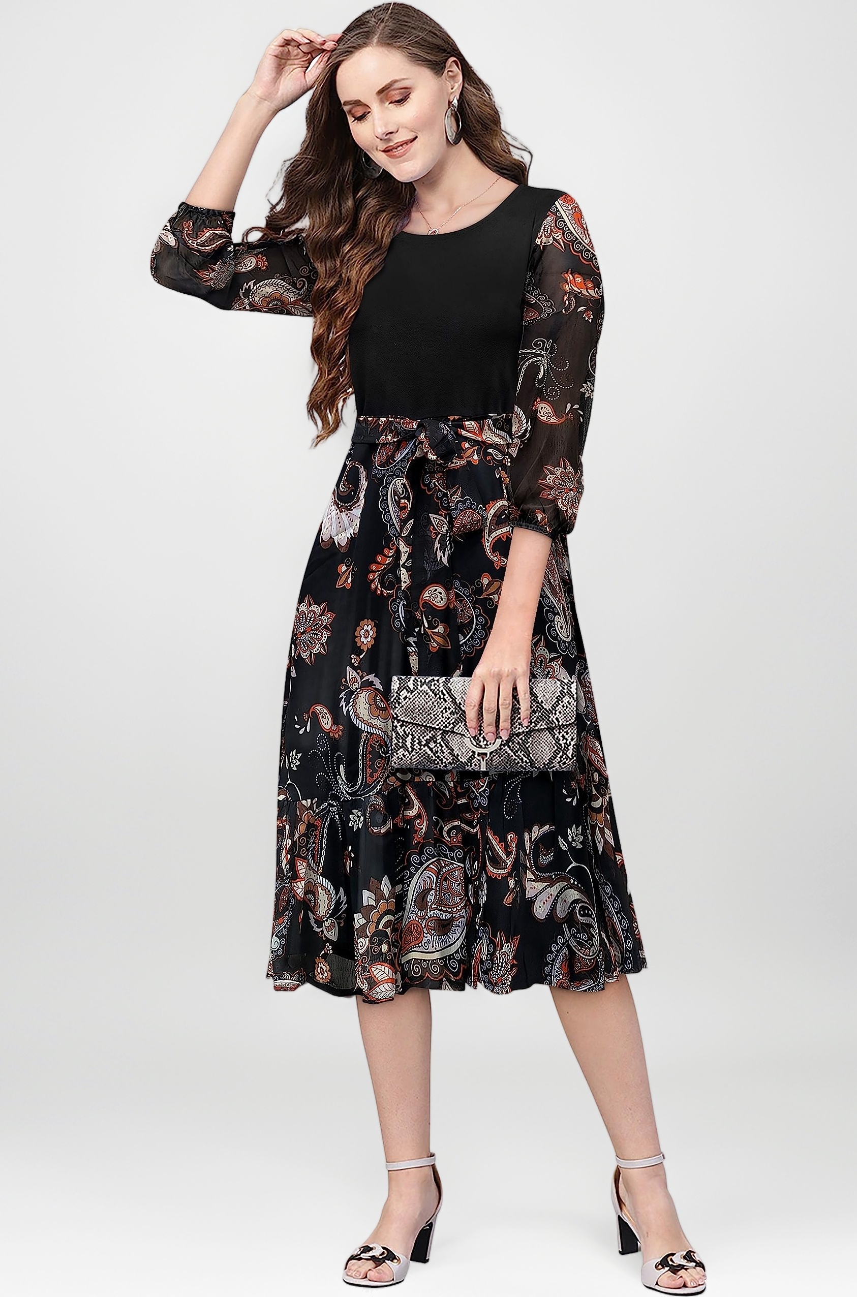 KERI PERRY Dresses for Women, Western, Dress, Midi, Chiffon Western, Black Western