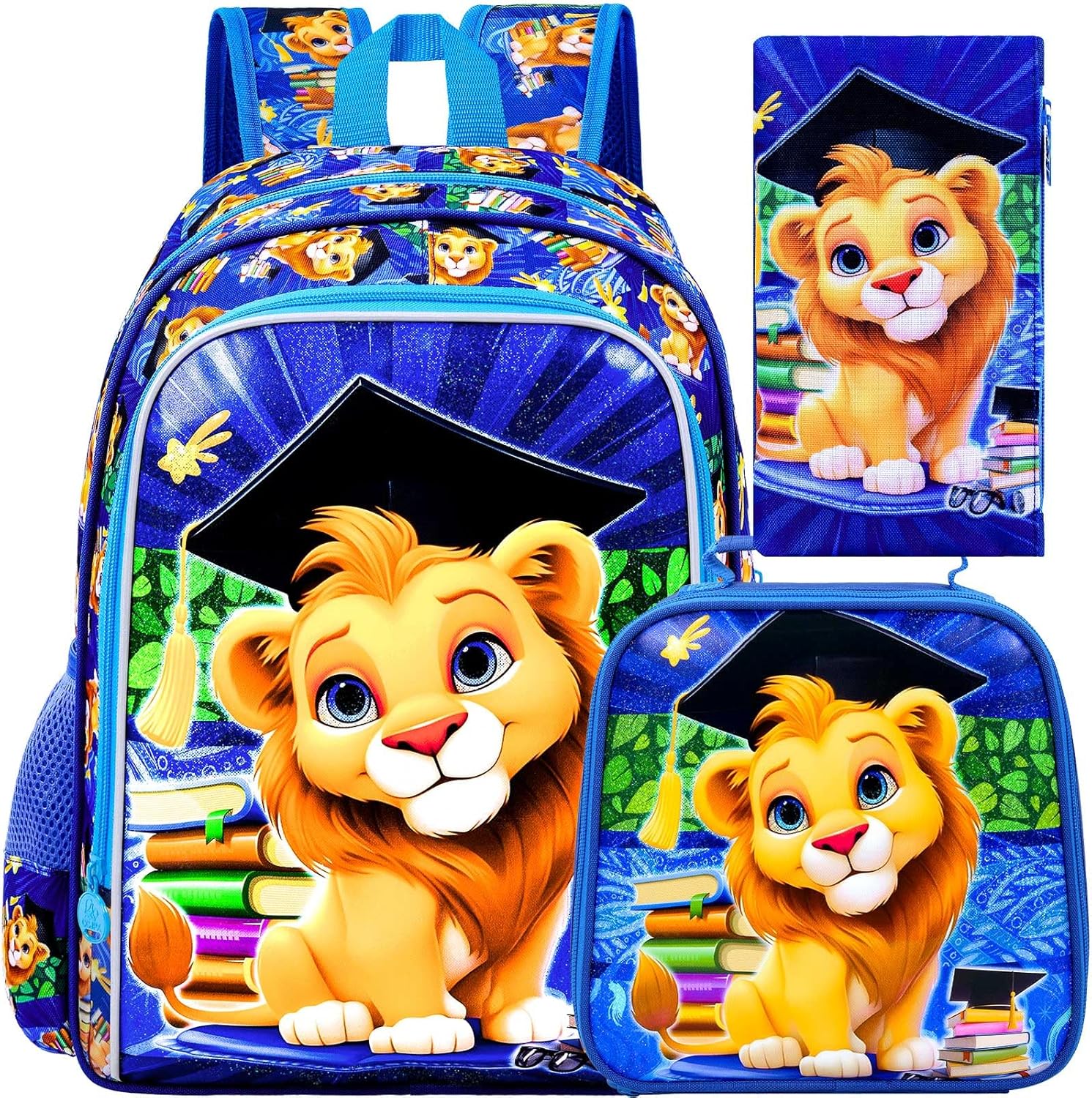 gxtvo 3PCS Kids Lion Backpack for Boys, 16" Kids Bookbag with Lunch Box, Water Resistant School Bag for Elementary Prechool Toddler