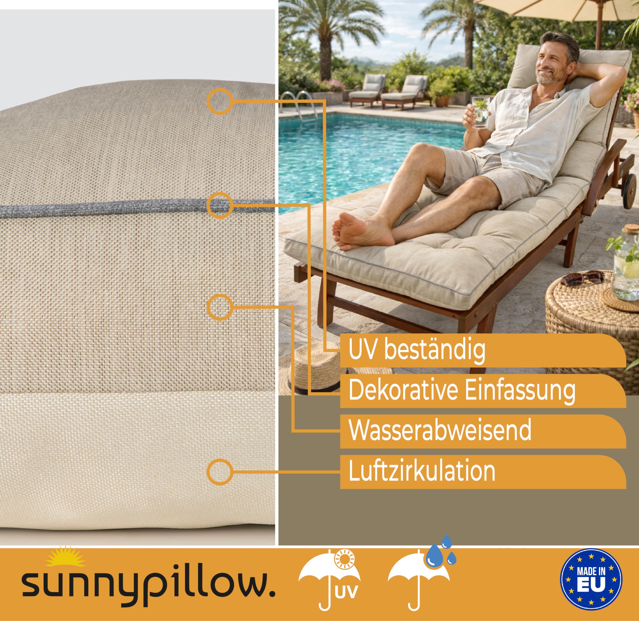 sunnypillow Cousisn Chaise Longue pour Jardin Extra épais 13 cm - Matelas de Bain de Soleil 200 x 60 cm - Extérieur, Imperméable, Résistant aux UV - Matelas pour transat - Fabriqué en UE - Ecru