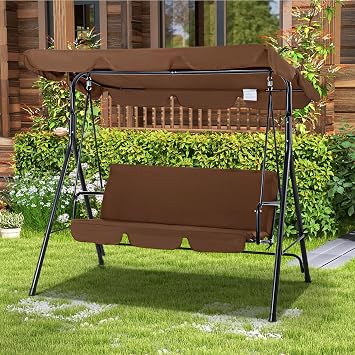 Esright 3-Seat Outdoor Porch Swing Chair with Adjustable Canopy, Brown