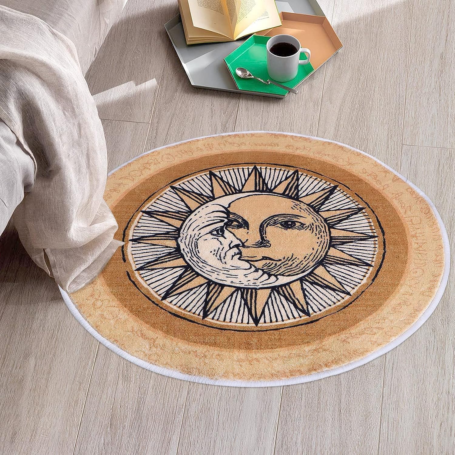 Sun and Moon Round Rug,39x39 inch Boho Round Rug,Non-Slip Super Soft Creative Tribal Style Floor Carpet for Living Room Bedroom Bathroom Kids Room Home Decor Fuzzy Rug (Diameter 39in)