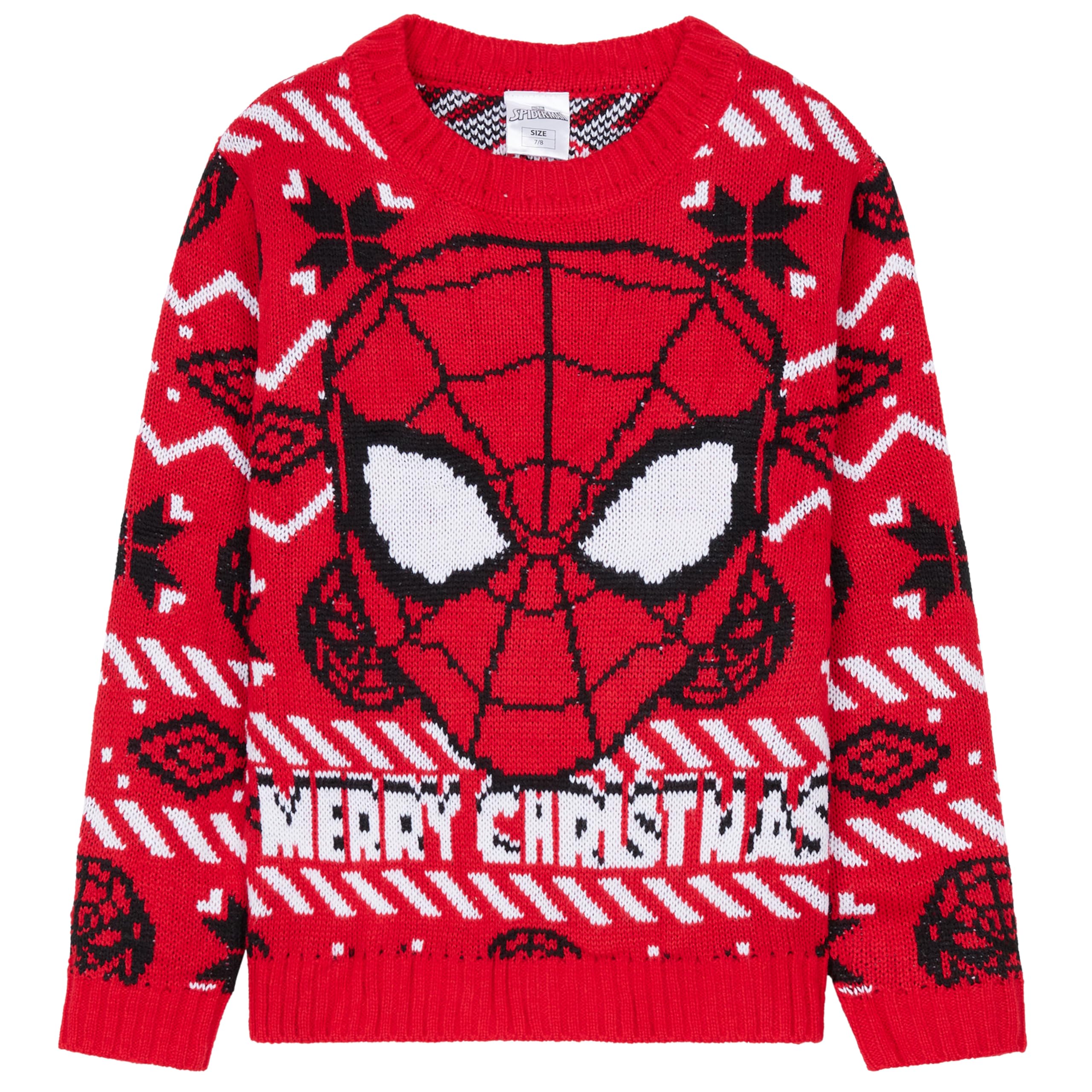 Marvel Spiderman Boys Knitted Christmas Jumper, Cosy Festive Xmas Sweater - Gifts for Boys (Red, 7-8 Years)