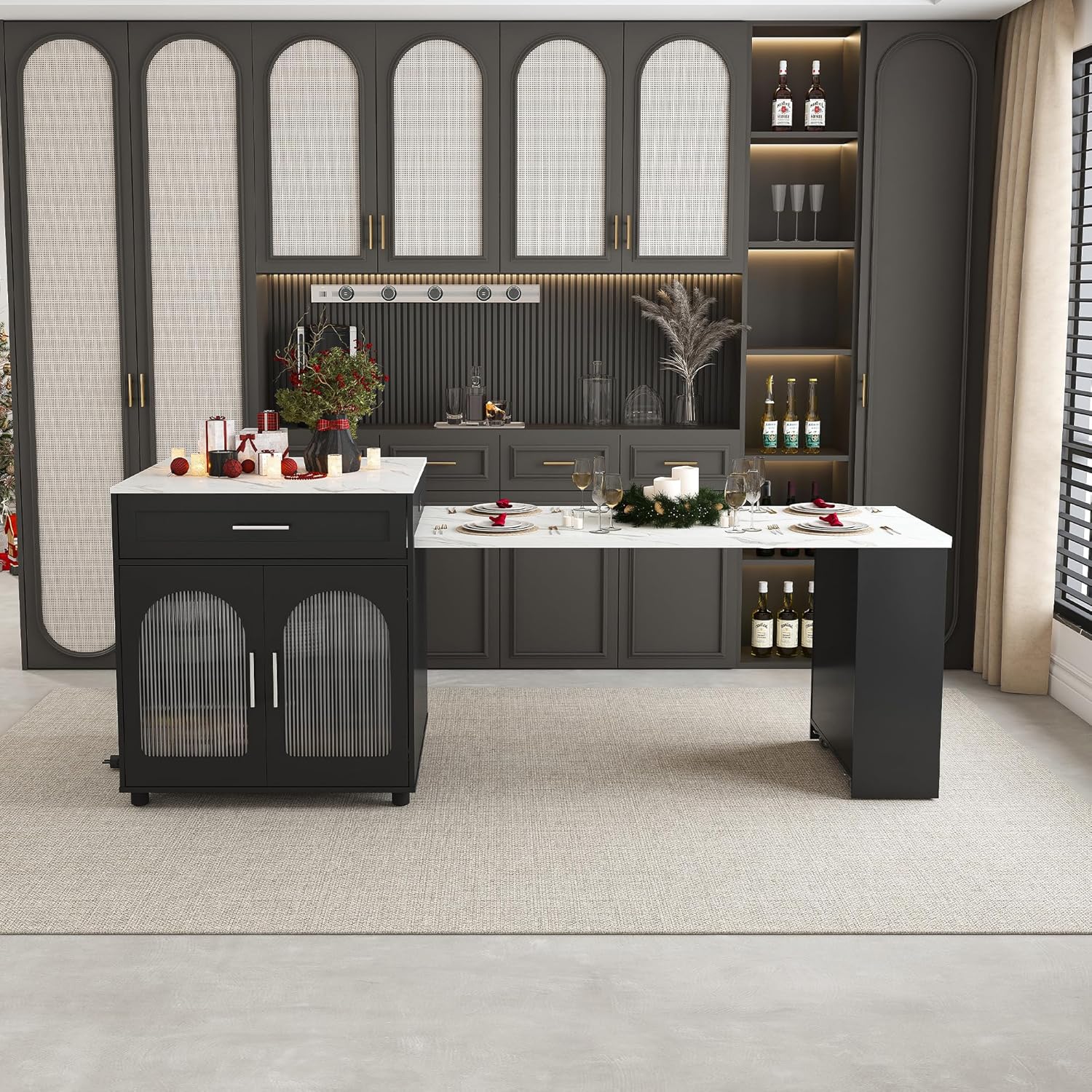 Montary 80" Expandable Kitchen Island with Extendable Table - Solid Wood Grain Countertop with Power Outlet & USB Ports, Mobile Cart with Double-Side Storage, Cabinet & Drawers (Black)