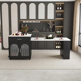 Montary 80" Expandable Kitchen Island with Extendable Table - Solid Wood Grain Countertop with Power Outlet & USB Ports, Mobile Cart with Double-Side Storage, Cabinet & Drawers (Black)
