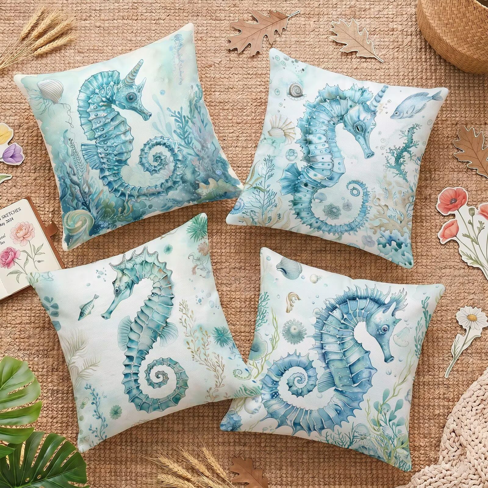 Federe Cuscini Divano 60x60cm Set di 4 Stampa Fronte-Retro Oceano Haima in Lino Copricuscini, Cuscini da Esterno Impermeabili per Soggiorno Camera da Letto Giardino & Arredamento Casa C-O163