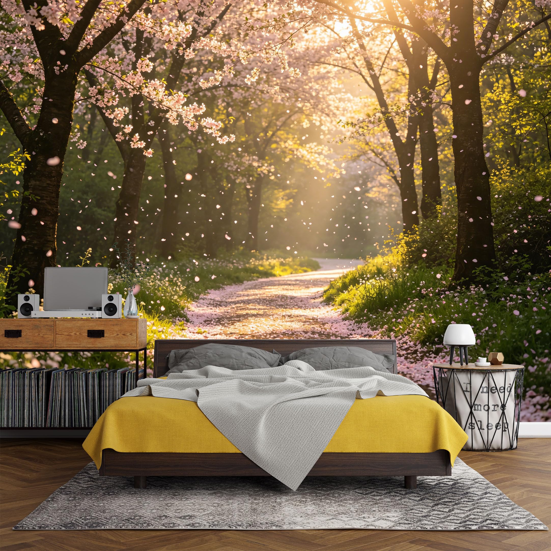 Custom Size Wall Mural， Botanical Cherry Blossom Pathway Forest Spring Sunrise Landscape，SelfAdhesive Art Prints wall Fabric (No PVC) Removable Wallpaper Living Room Decor