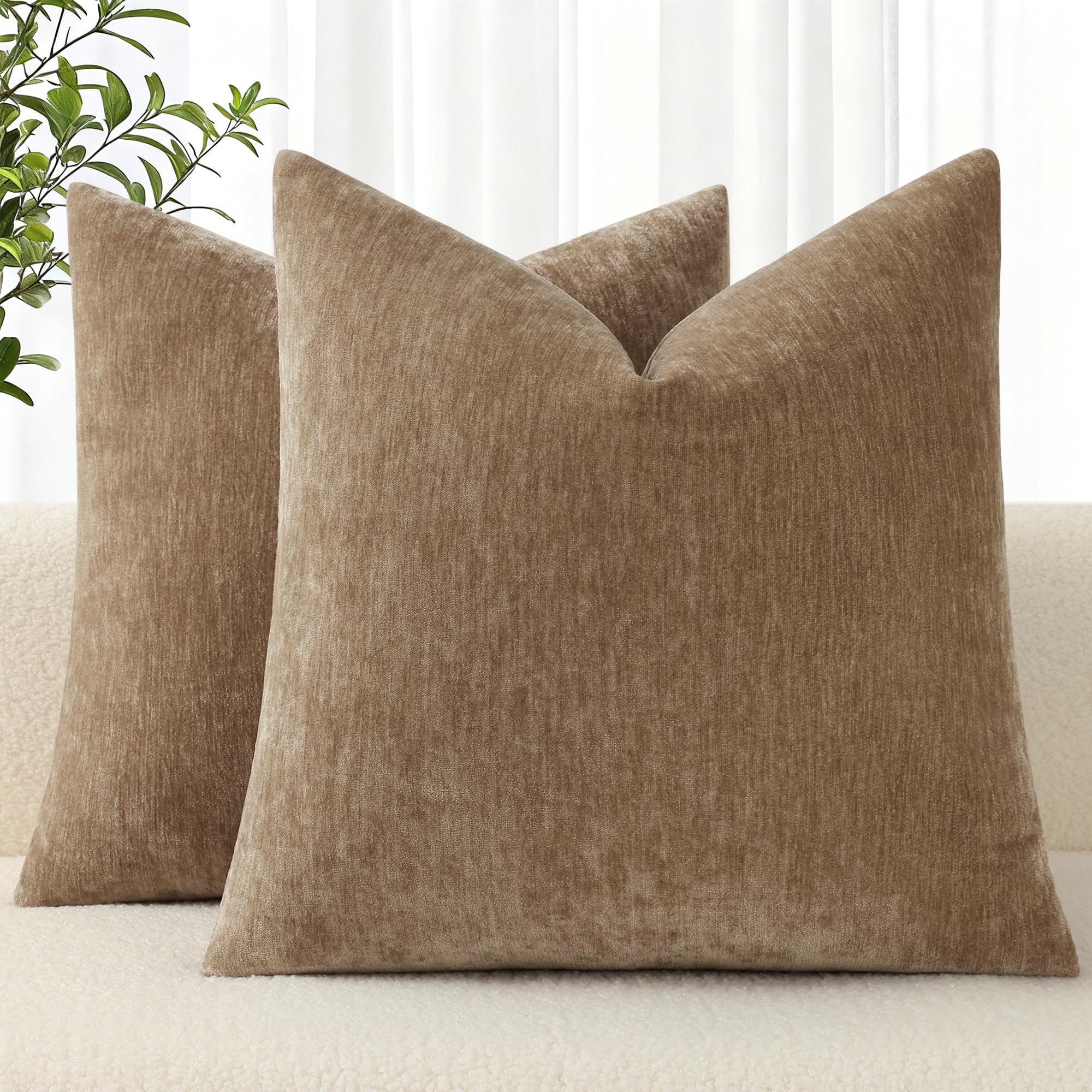 decorUhome Soft Chenille Brown Throw Pillow Covers 20X20 Set of 2 | Decorative Fall Couch Pillow Covers Solid Dyed Accent Modern Farmhouse Neutral Square Pillow Cases for Sofa