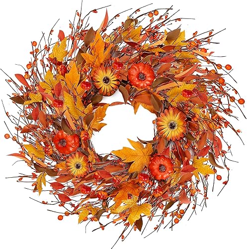 Sggvecsy Corona artificial de otoño de 22 pulgadas, corona de cosecha para puerta delantera, corona de cosecha con calabaza, margarita, baya, hojas