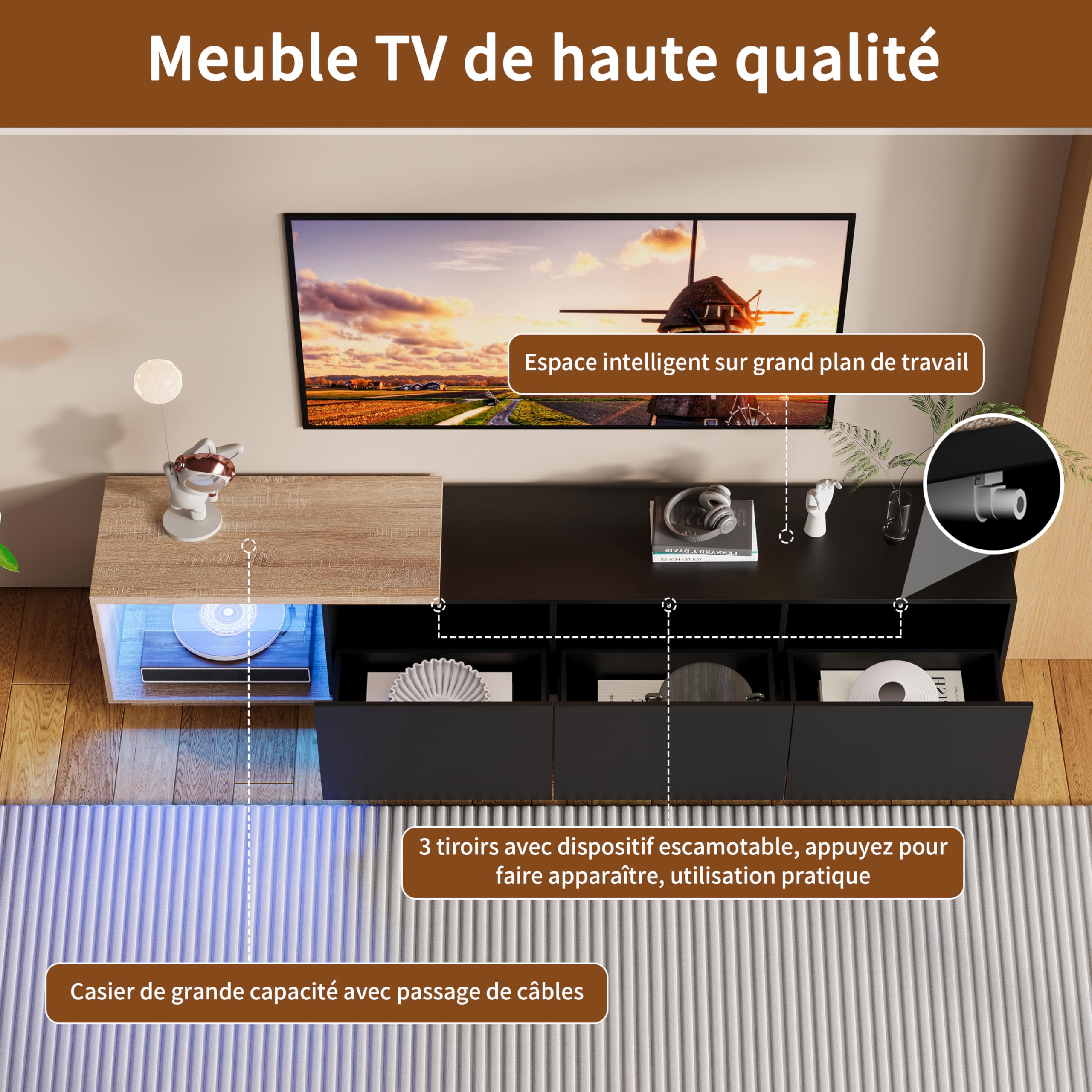 LIVLUX Meuble TV Moderne avec 3 Portes de Rangement et Étagères en Verre Intégrées, Lumières LED Variables, Convient pour Salon ou Chambre (Noir+Ton Bois, 240 x 38 x 44 cm)