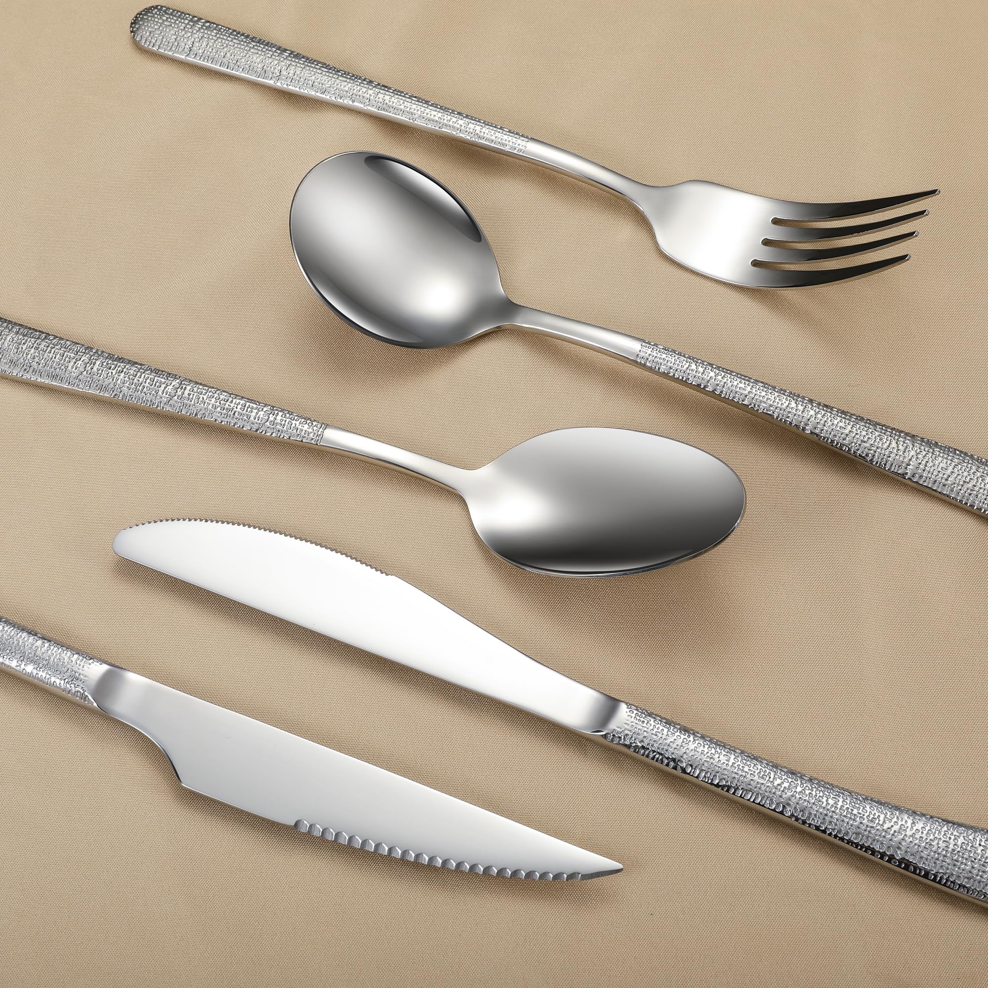 INKULEER Silver Flatware Set, 18/10 Stainless Steel 20 Piece/Household Stainless Steel Set/Upgraded Knife, Spoon, Fork Mirror Polished, Dishwasher Safe (20 Pieces - Hammered)