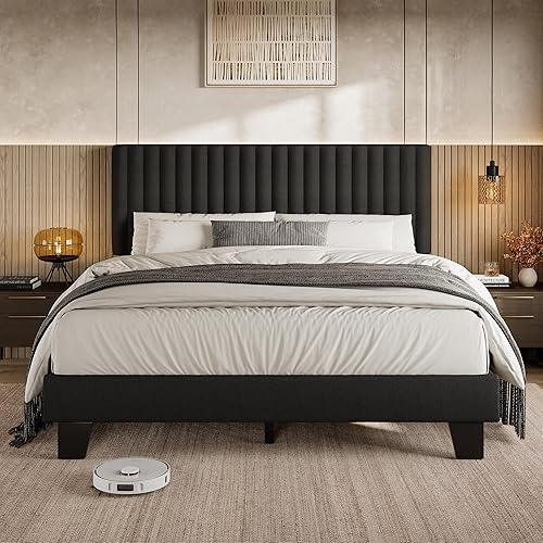 Miniatura 11 de Einhomn Base de cama tamaño individual con cabecero, base de cama tapizada de lino con listones de madera maciza, sin ruido, no necesita somier,