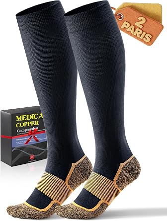 2 Pairs Energy Copper Compression Socks 20-30 mmHg for Women & Men - Medical Knee High Support for Circulation, Reinforced Sole & Seamless Toe