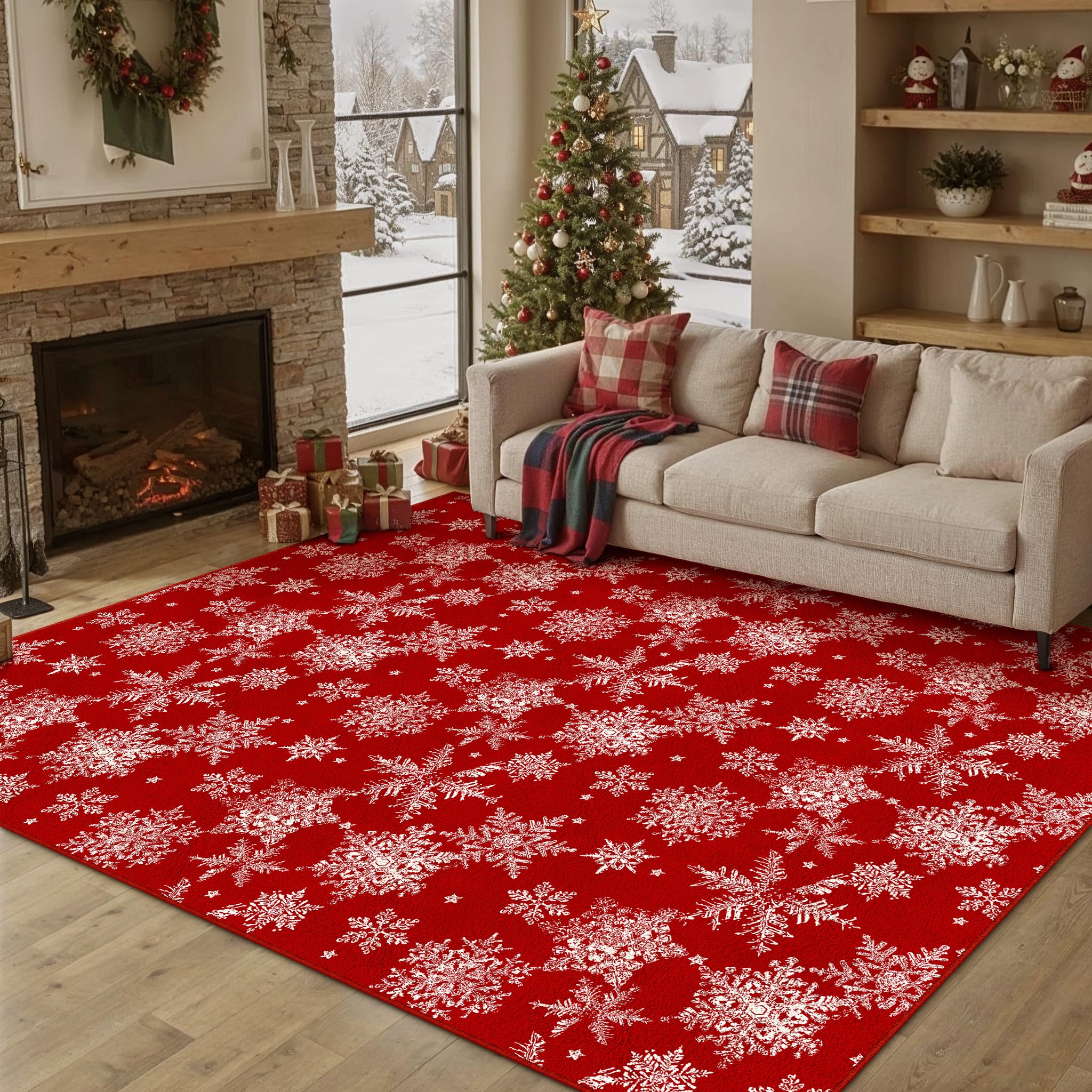 Red Area Rug 6x9 Christmas Living Room Carpet Snowflake Washable Bedroom Carpet Xmas Holiday Decor Non Slip Indoor Large Decorative Throw Rug for Dining Room Nursery