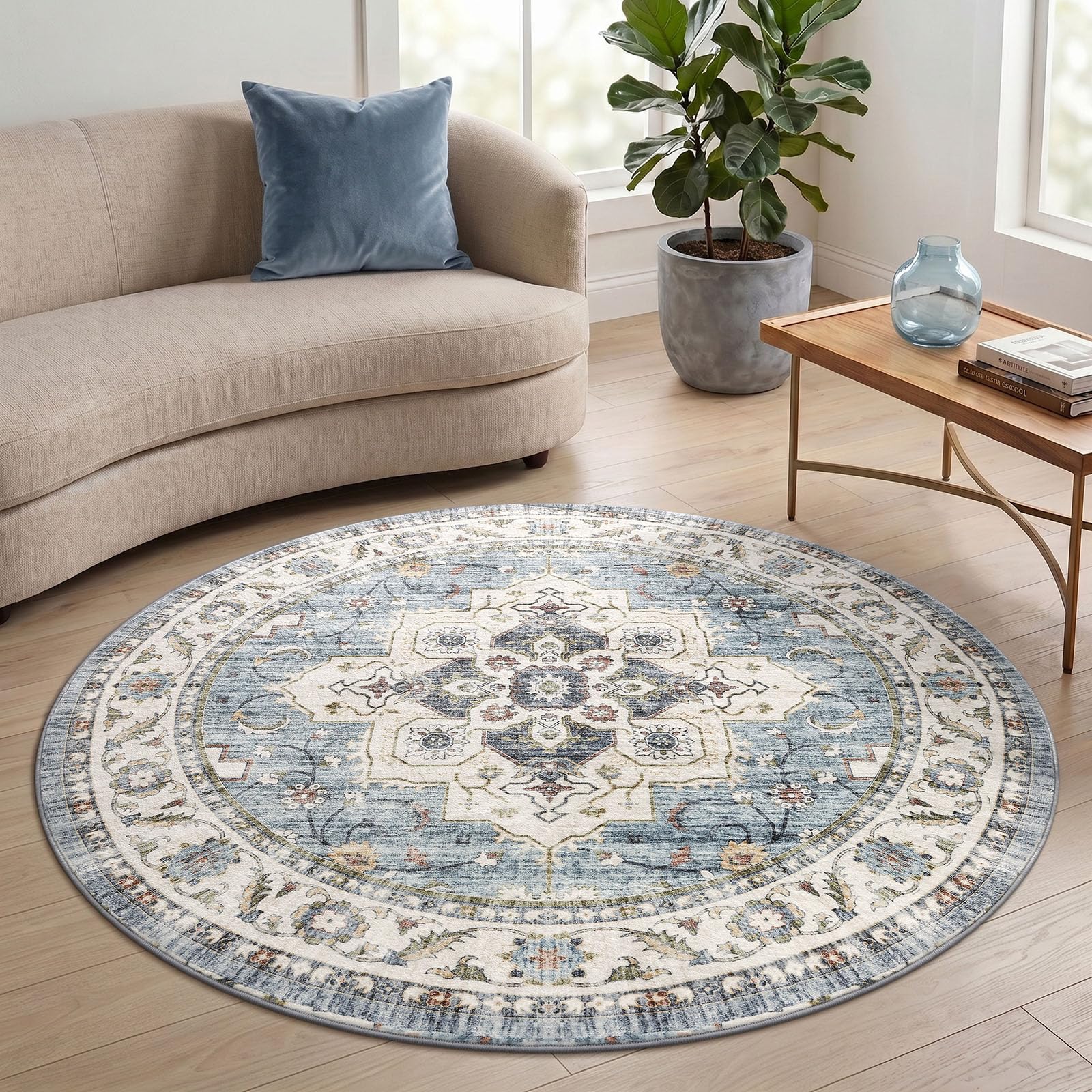 Homaxy Vintage Rugs Living Room Washable Anti Slip Small Rug Low Pile Boho Lounge Carpet for Bedroom, Nursery, Kitchen - 120 cm Round, Retro Blue