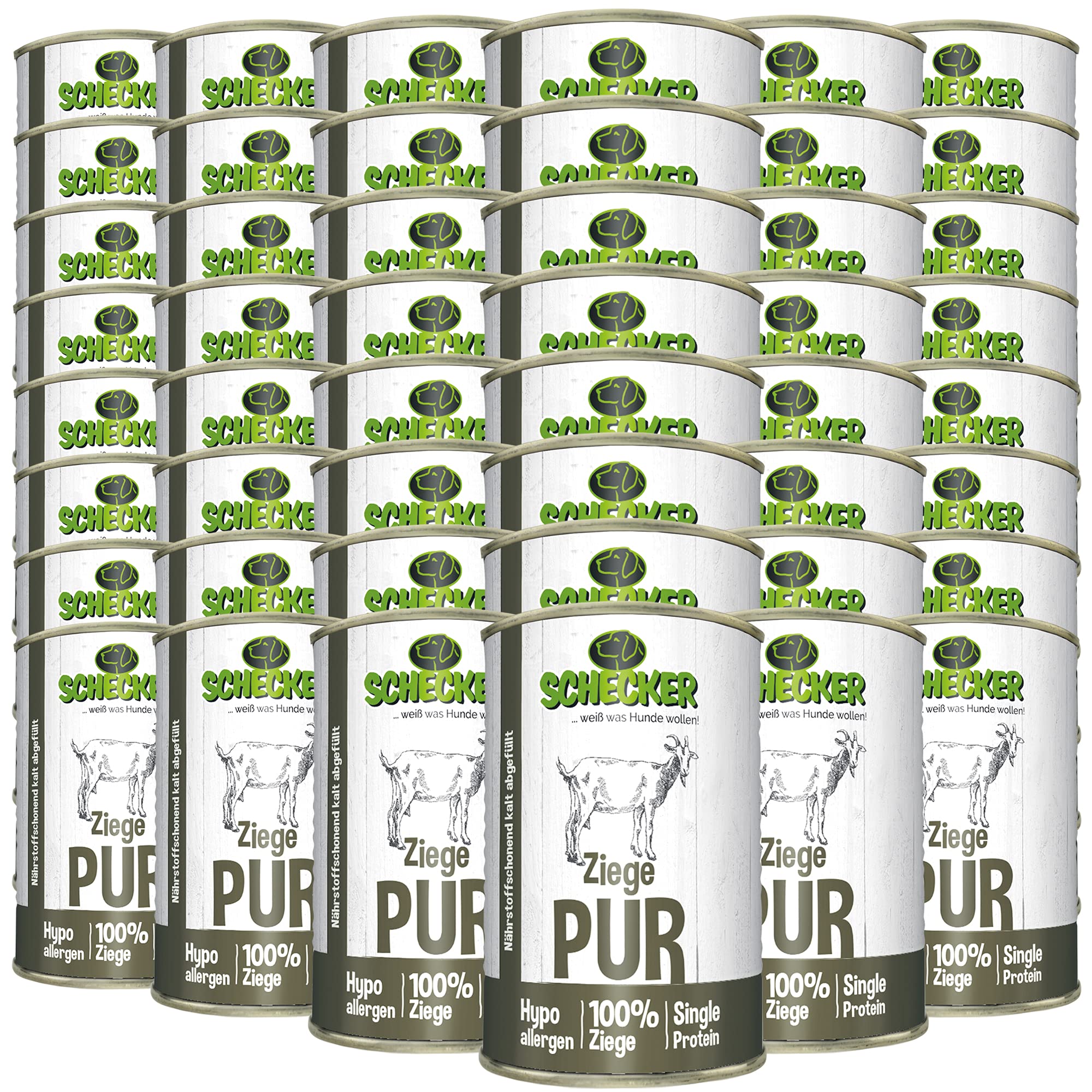 Schecker Nassfutter - 100% Ziege PUR - getreidefrei - glutenfrei - hypoallergen - 48 x 410 g - ausgewählte Stücke