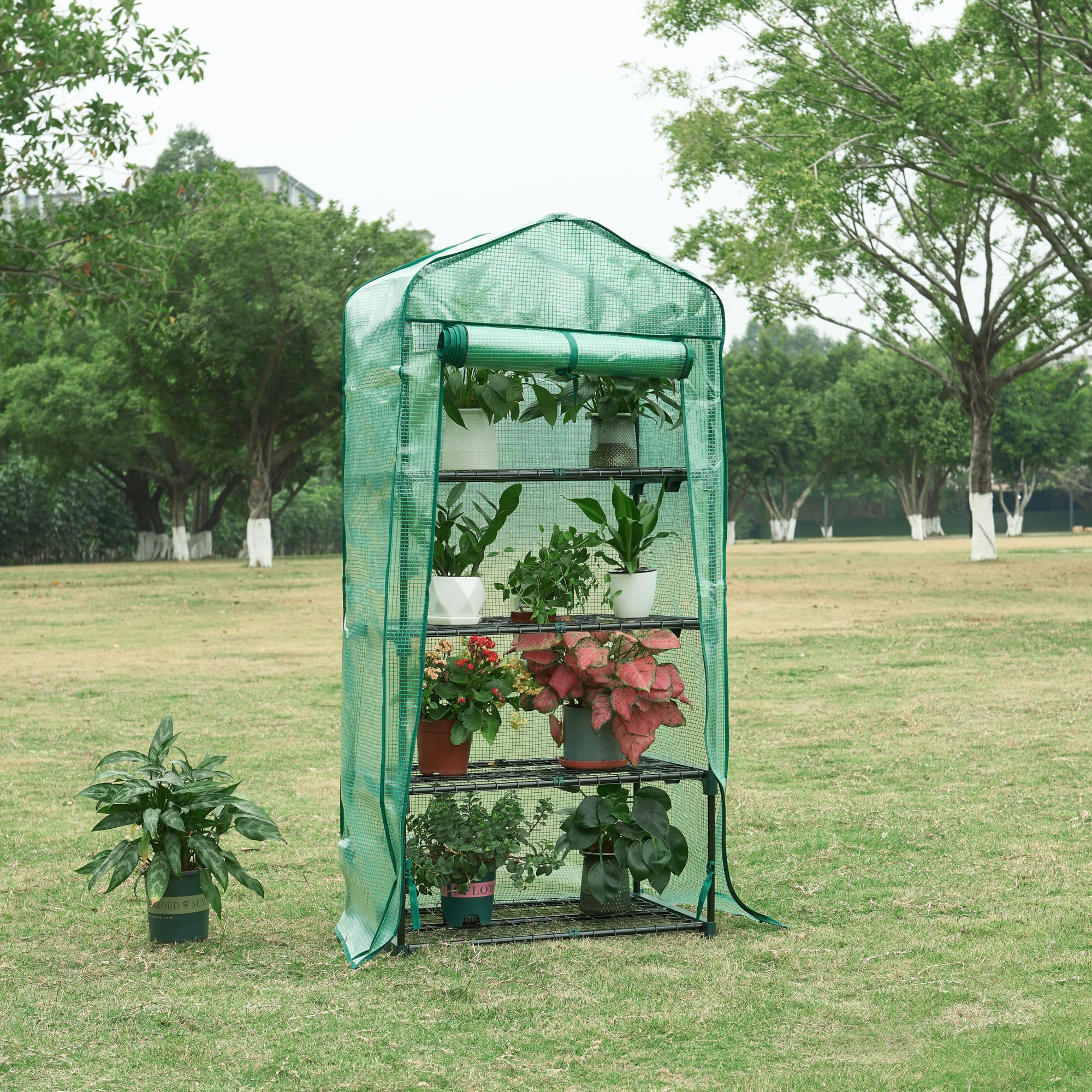 [en.casa] Serra da Giardino Balcone per Coltivazione Piante Scaffale a 4 Piani a Rete Copertura Semitrasparente Apertura a Cerniera Lampo Entrata Avvolgibile 158 x 69 x 49 cm Verde