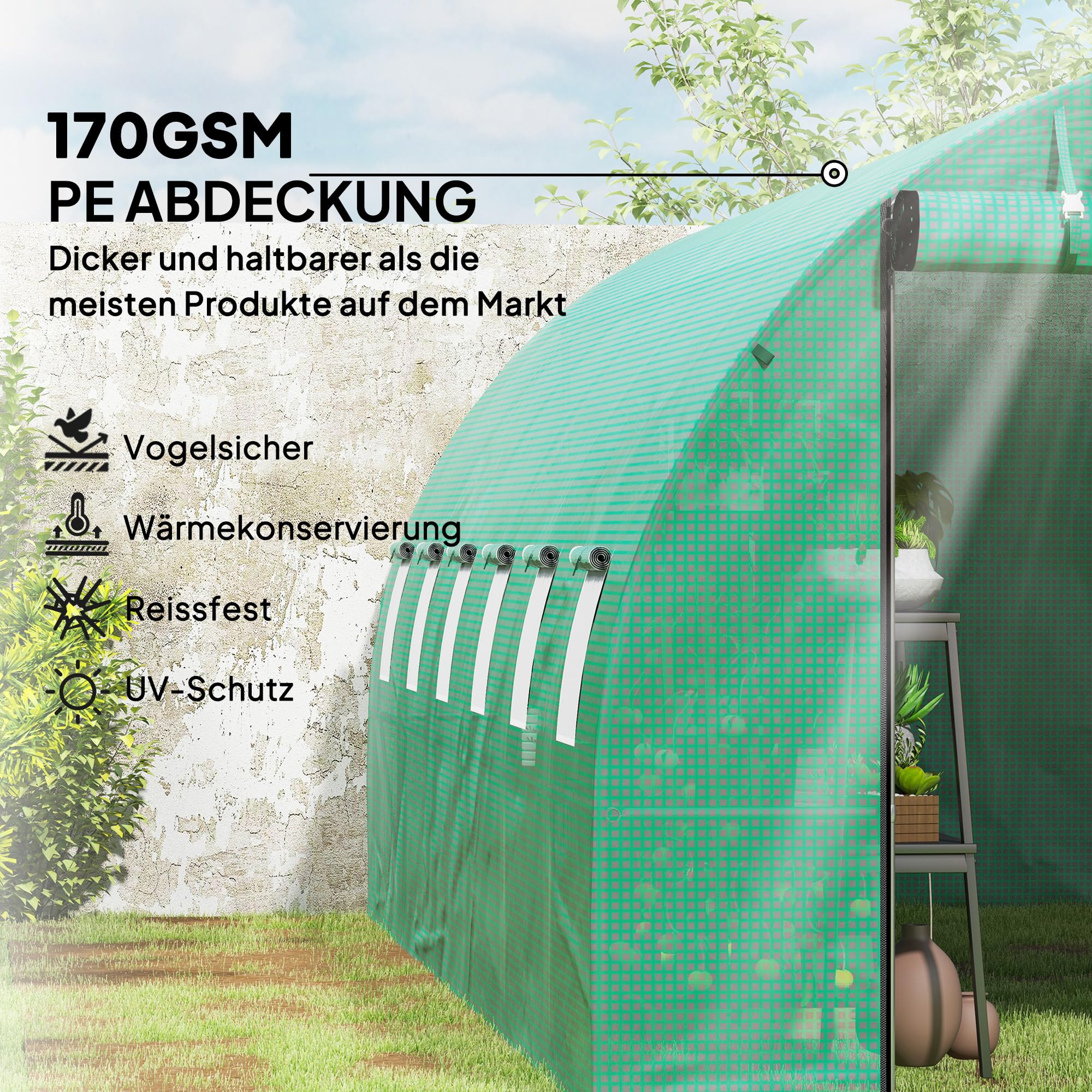 Outsunny Szklarnia 300 x 400 x 200 cm domek na pomidory z drzwiami, 12 okien, zielona | Szklarnia foliowa, tunel foliowy ze stali ocynkowanej, 170 g/m² PE, szklarnia z kotwami i linami