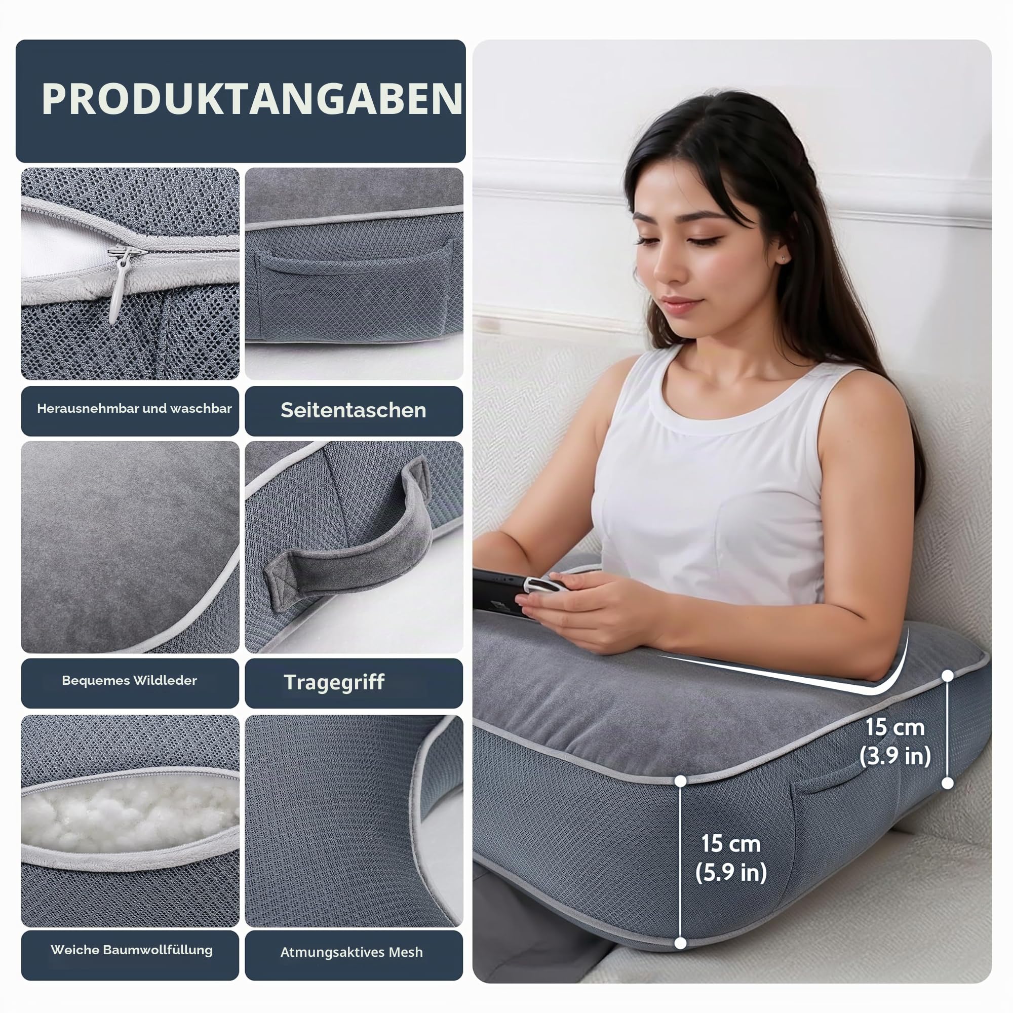 Lesekissen für Gaming, Gaming-Kissen für den Schoß, Häkelkissen zur Unterstützung des Schoßes, Armstützkissen für Erwachsene, Häkeln, Arbeiten oder Sitzen im Bett, Boden und Sofa (grau)