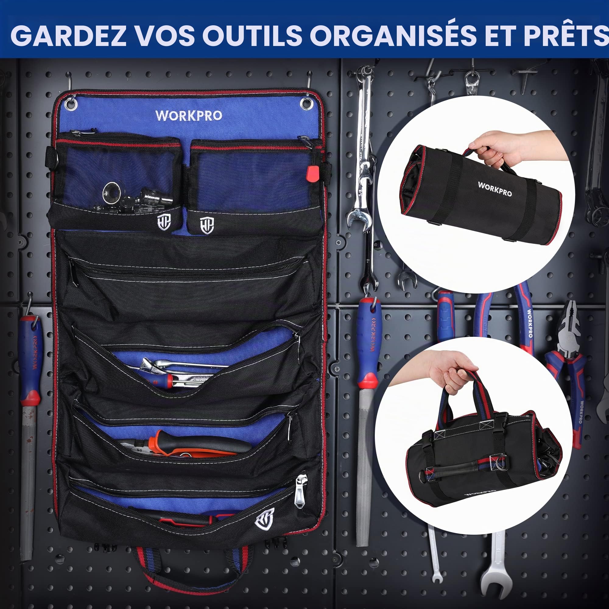 WORKPRO Sac à Outils Enroulable en Toile, Rouleau à Outils 57 * 36CM avec 2 Poches Détachables & 4 Poches Zippées, Pour Siège Arrière et Porte-outils à Suspendre, Electricien/Menuisier
