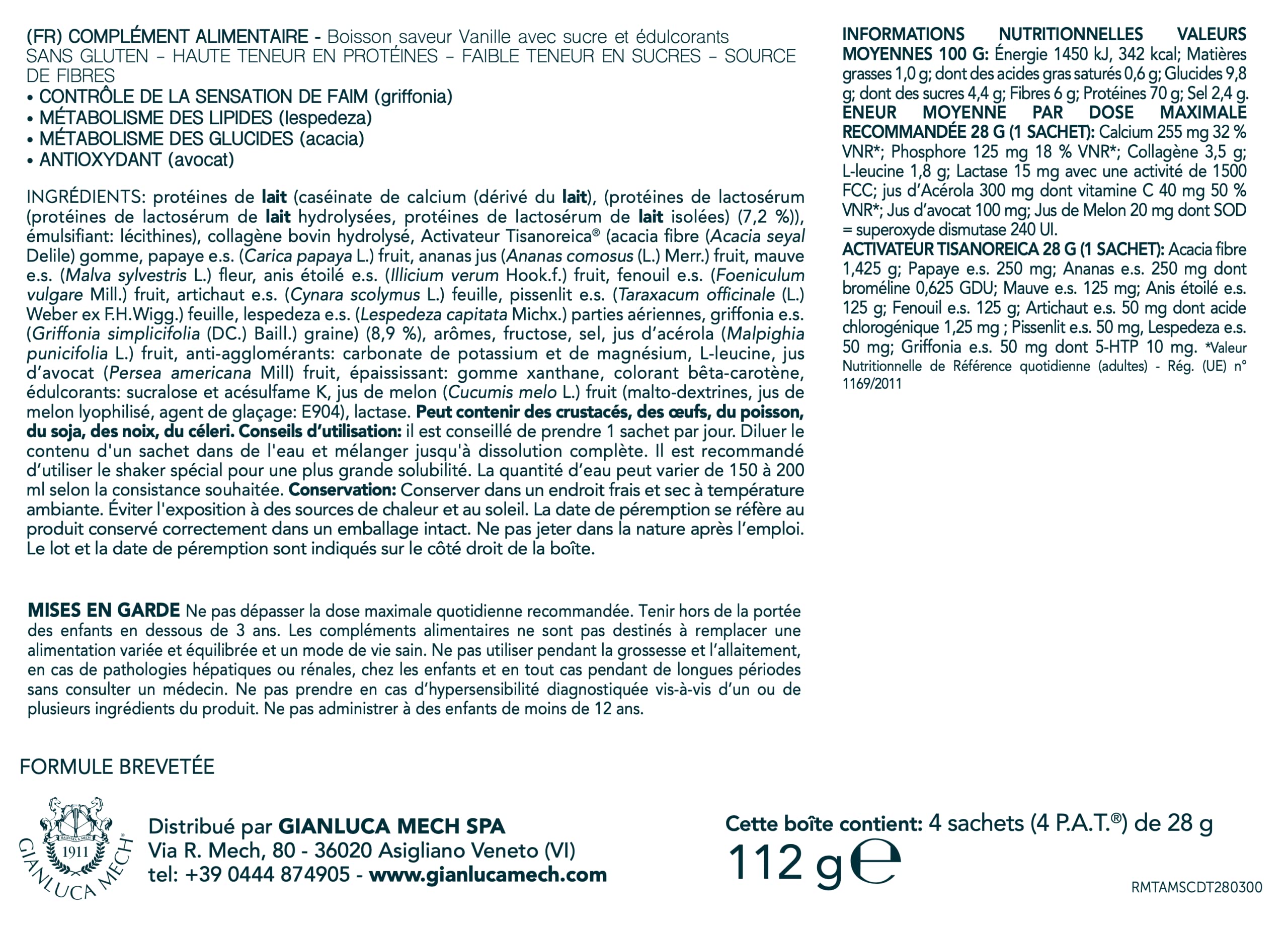 Gianluca Mech | Tisanoreica Bevanda Proteica al Gusto di Vaniglia, 4 x 28g, Integratore Alimentare Keto con Acacia, 341kcal per 100g (Confezione da 2)