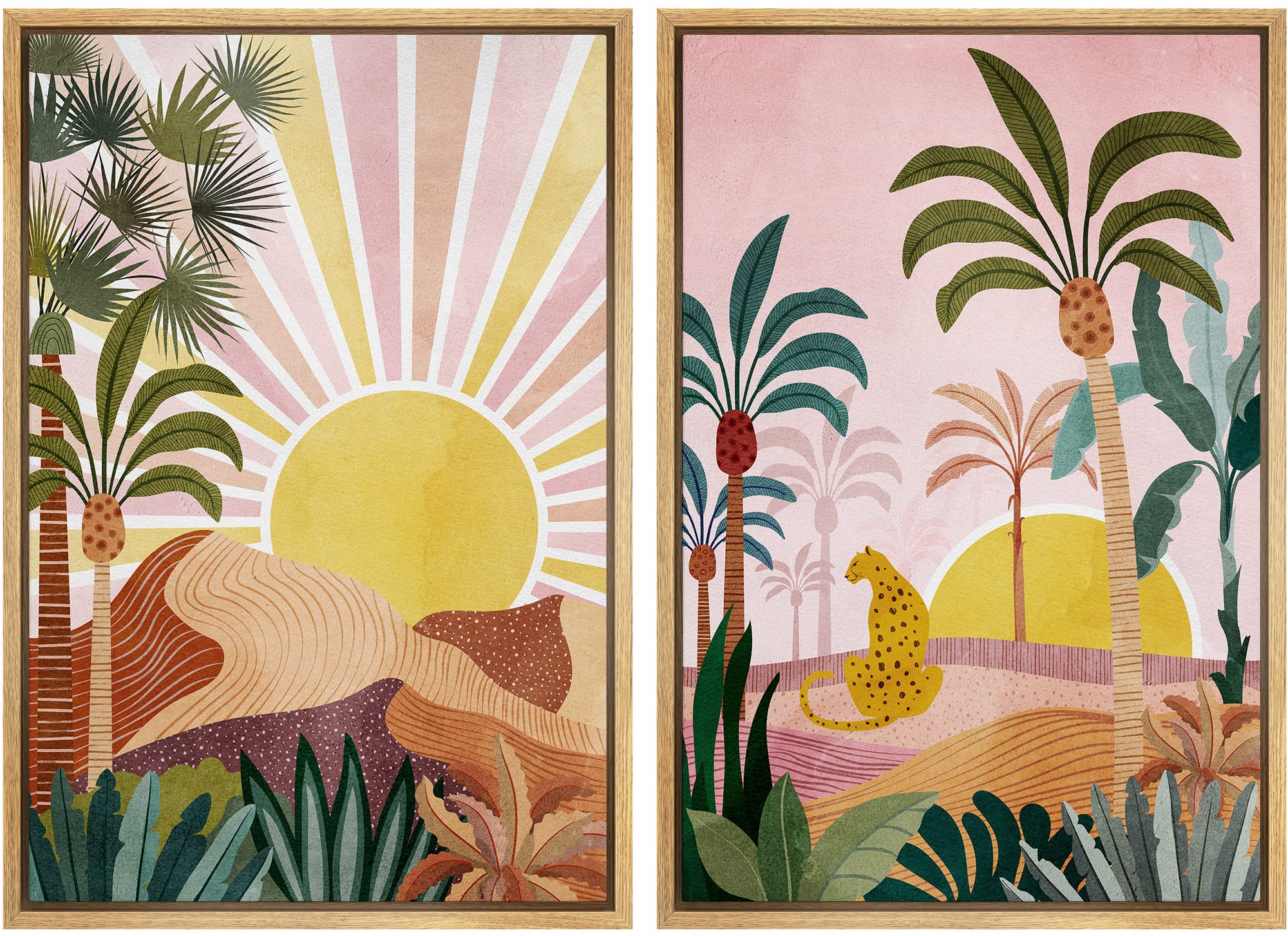 IDEA4WALL Framed Canvas Print Wall Art Set Sunlight Over Tropical Jungle Cheetah Cat Nature Wilderness Digital Art Modern Art Decorative Animals for