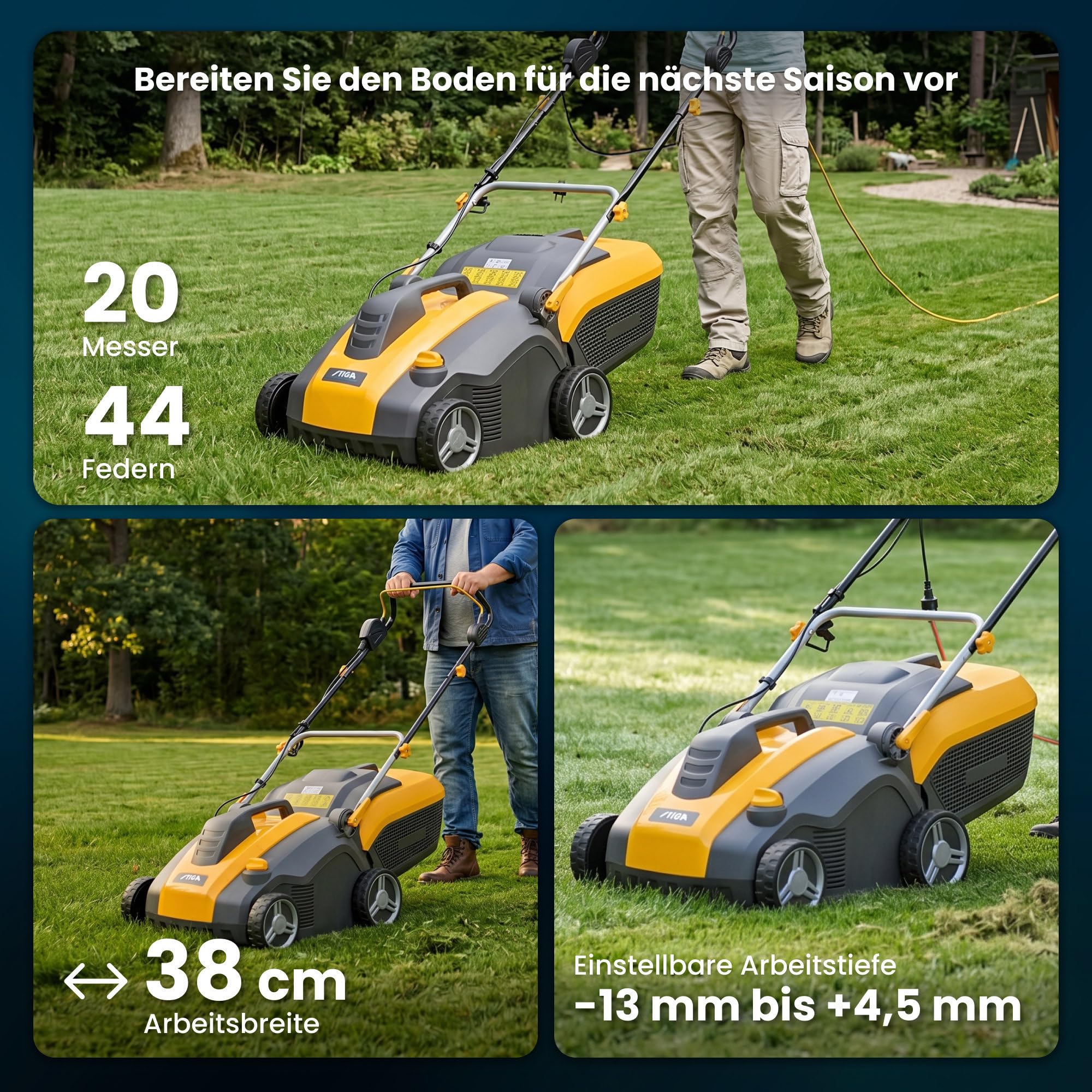 STIGA SV 415 E Elektrischer Vertikutierer, 1500 W, 38 cm – 20 Messer/44 Federzinken, 50 L Fangkorb – Für Rasenflächen, Gelb