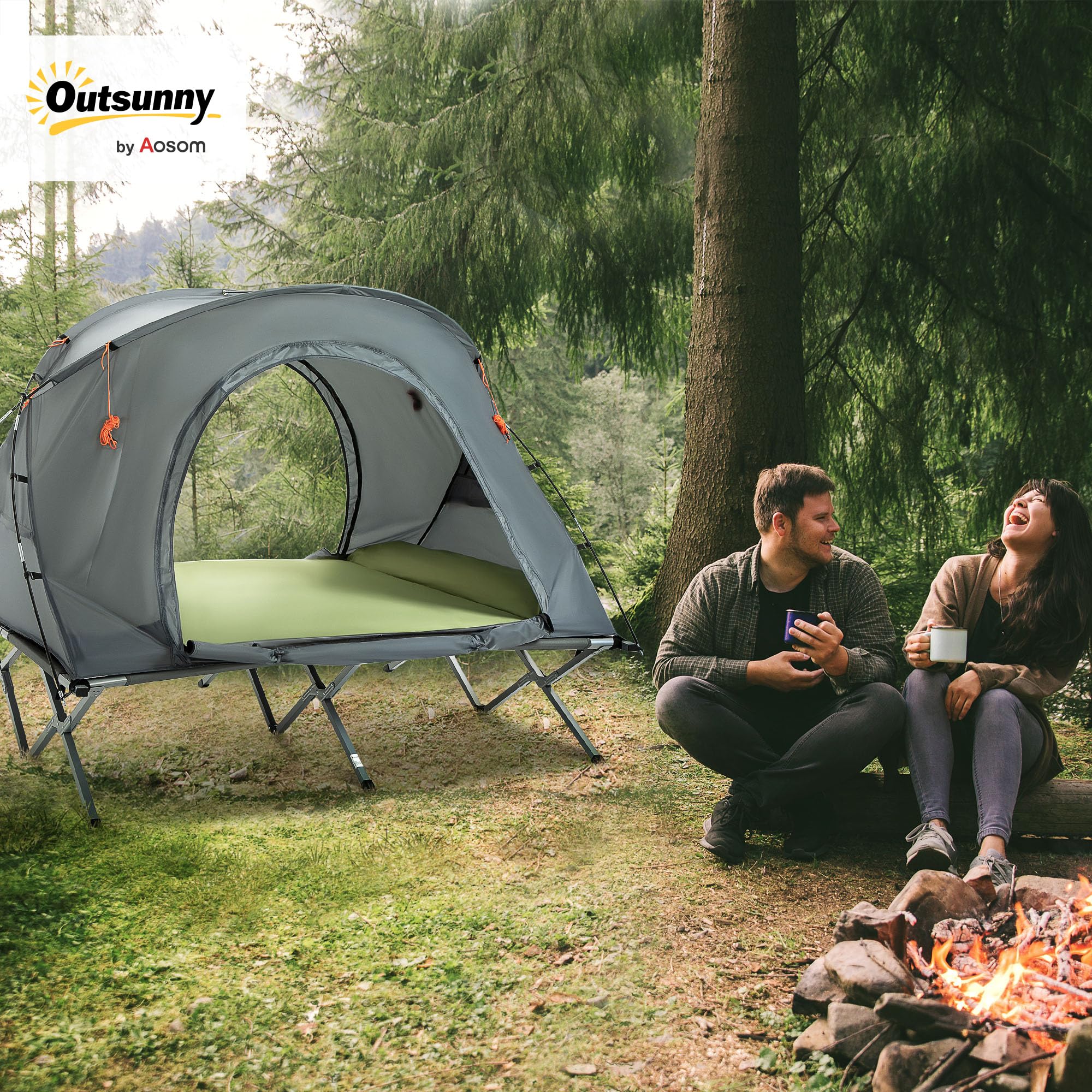 Outsunny Campingbett mit Zelt erhöhtes Feldbett für 2 Person Kuppelzelt mit Luftmatratze inkl. Tragetasche Grau 200 x 146 x 159 cm Sport & Freizeit