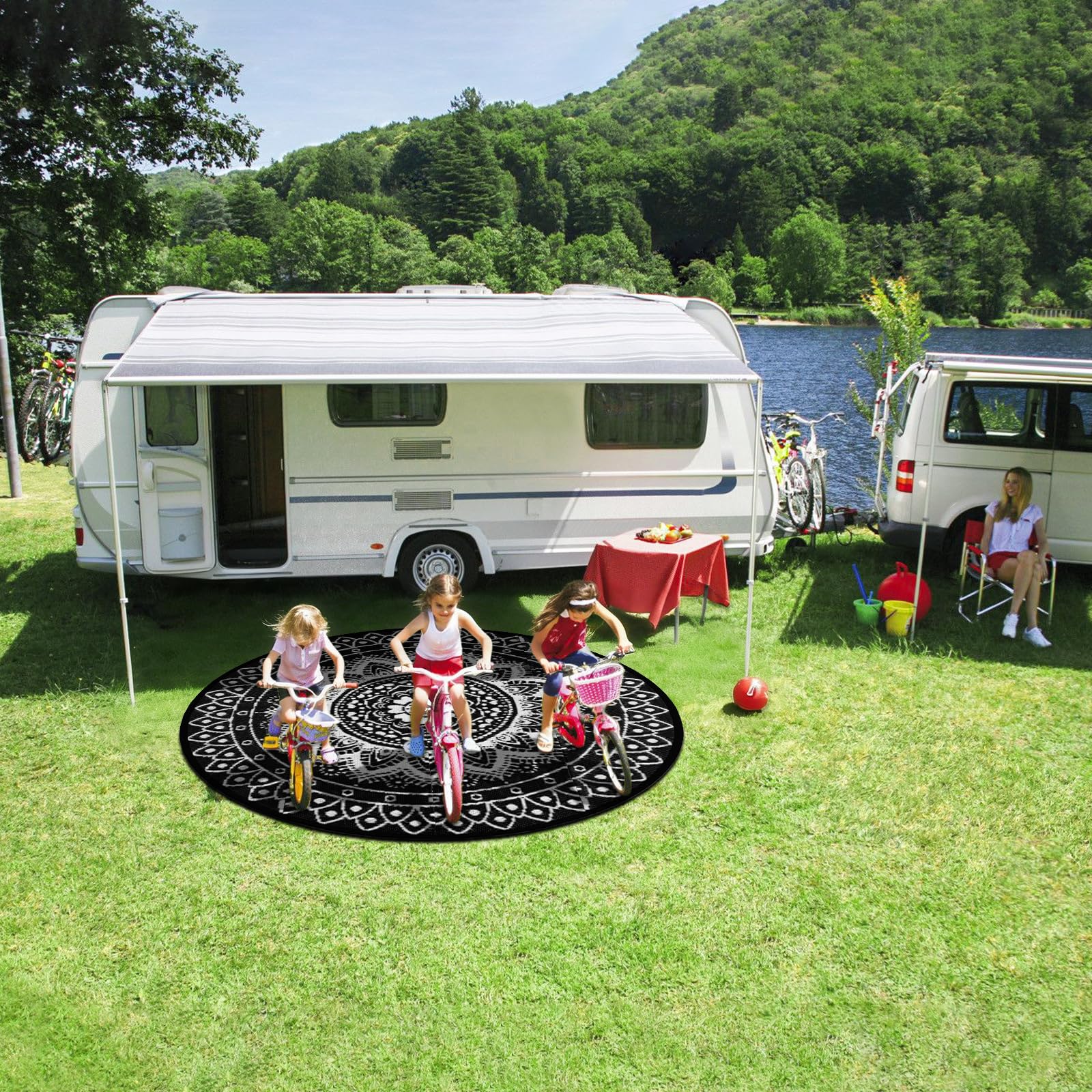 Alfombra Redonda de Exterior para Patio 180 cm alfombras de jardín Reversibles Impermeables y Plegables Alfombra Boho para autocaravanas Alfombra para Picnic Acampada Negro/Blanco