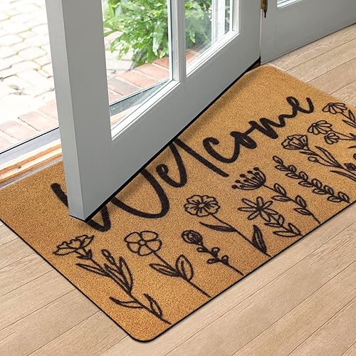 Miniatura 7 de CiyvoLyeen Wildflower - Tapete de bienvenida con diseño de flores de fibra de coco, decoración bohemia de primavera con parte trasera