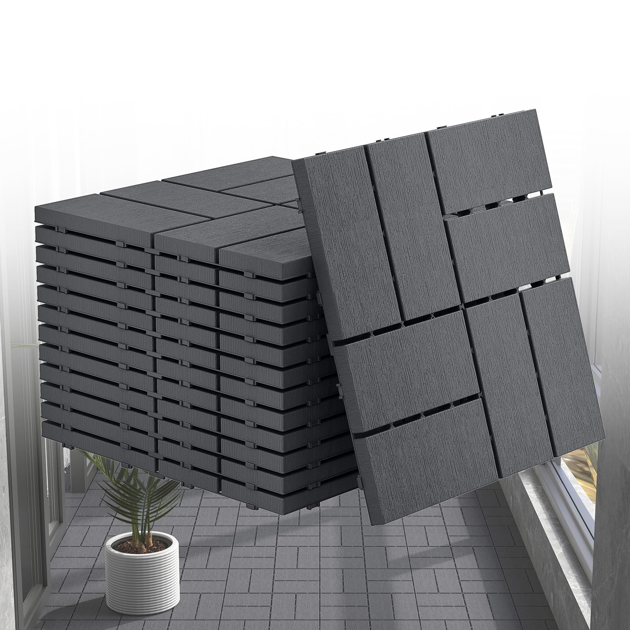 Aufun Interlocking Decking Tiles, 30x30cm Wood Effect Balcony & Patio Tiles, Waterproof Plastic Click System Garden Flooring, Outdoor Floor Tiles for Balcony, Terrace & Garden, 4m² Anthracite-TypeB