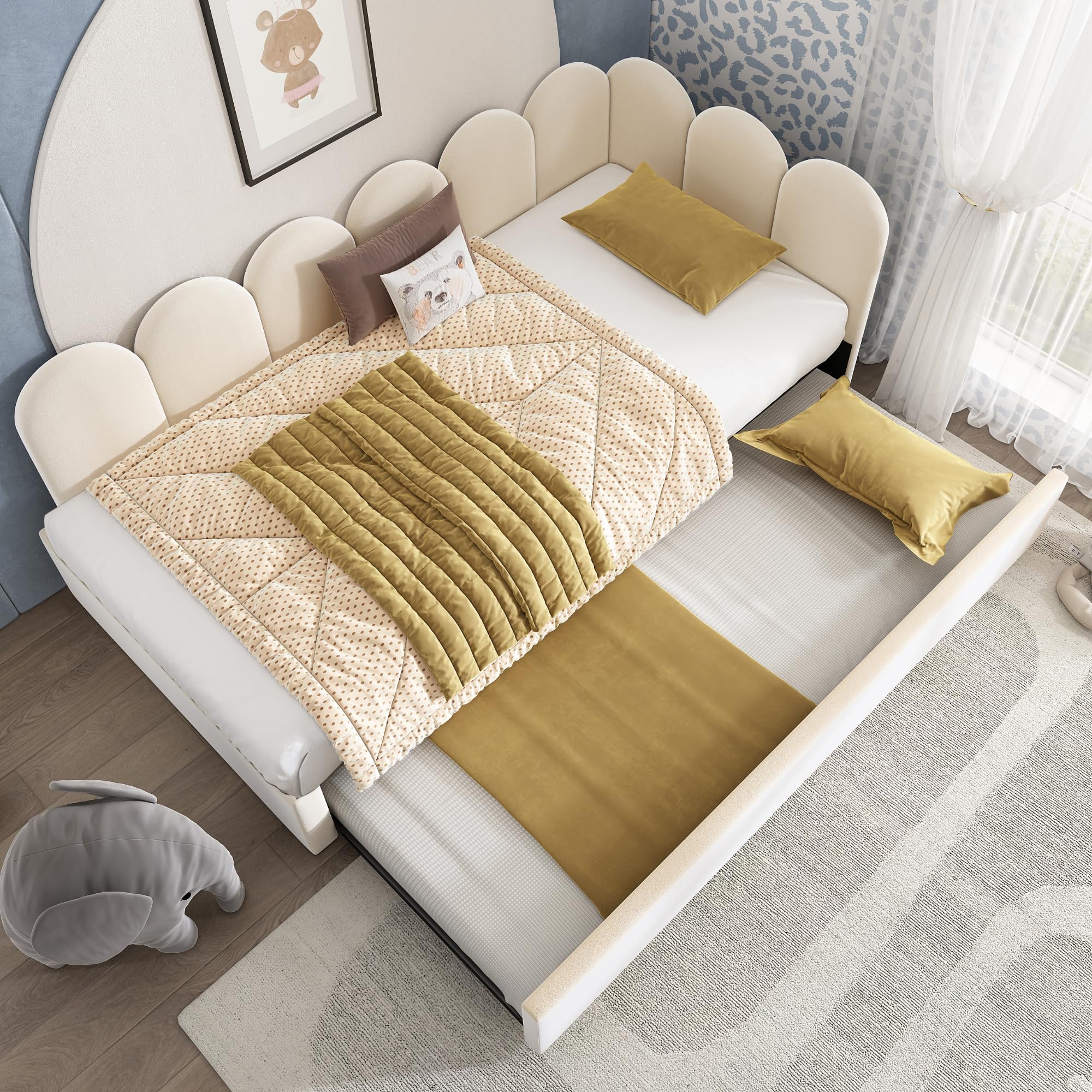 Letto imbottito, 90 x 200 cm, divano letto estraibile 90 x 190 cm, letto per bambini con rete a doghe in metallo, velluto, senza materasso (beige con letto estraibile, 90 x 200 cm)