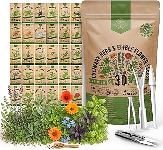 30 Culinary Herbs & Edible Flower Seed Variety Pack- Indoor/Outdoor. 14000+ Non-GMO Heirloom Flower Seeds: Basil, Borage, Echinacea, Lavender, Oregano, Rosemary Seeds & More