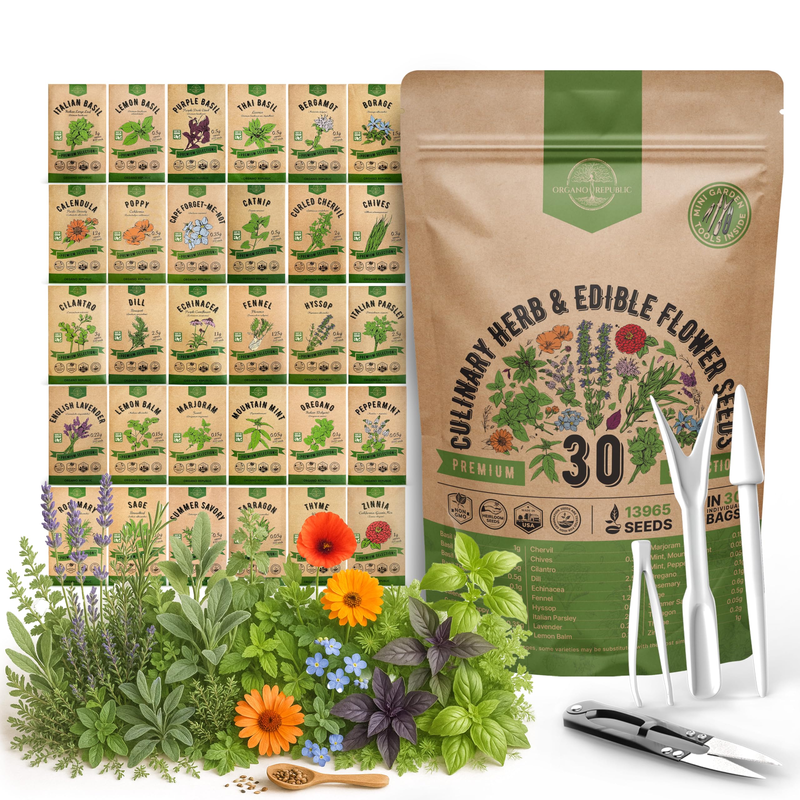 Organo Republic 30 Culinary Herbs & Edible Flower Seed Variety Pack- Indoor/Outdoor. 14000+ Non-GMO Heirloom Flower Seeds: Basil, Borage, Echinacea, Lavender, Oregano, Rosemary Seeds & More