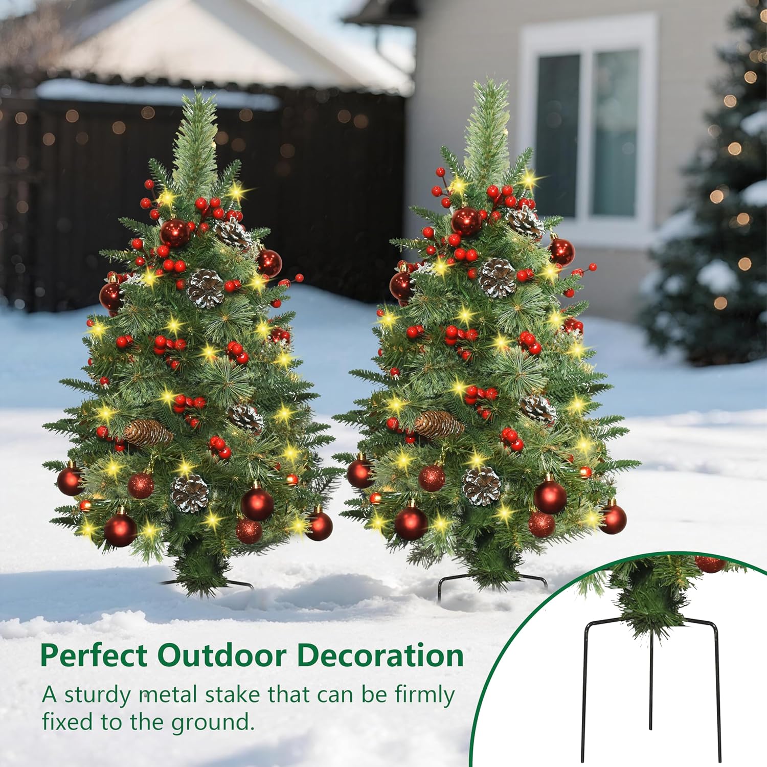 Prelit Porch Christmas Trees Set of 2-30 Inch Outdoor Christmas Trees with 70 LED Lights, 300 PE & PVC Branches Tips with Pine Cones, Red Berries and Ball Ornaments for Holiday Decor