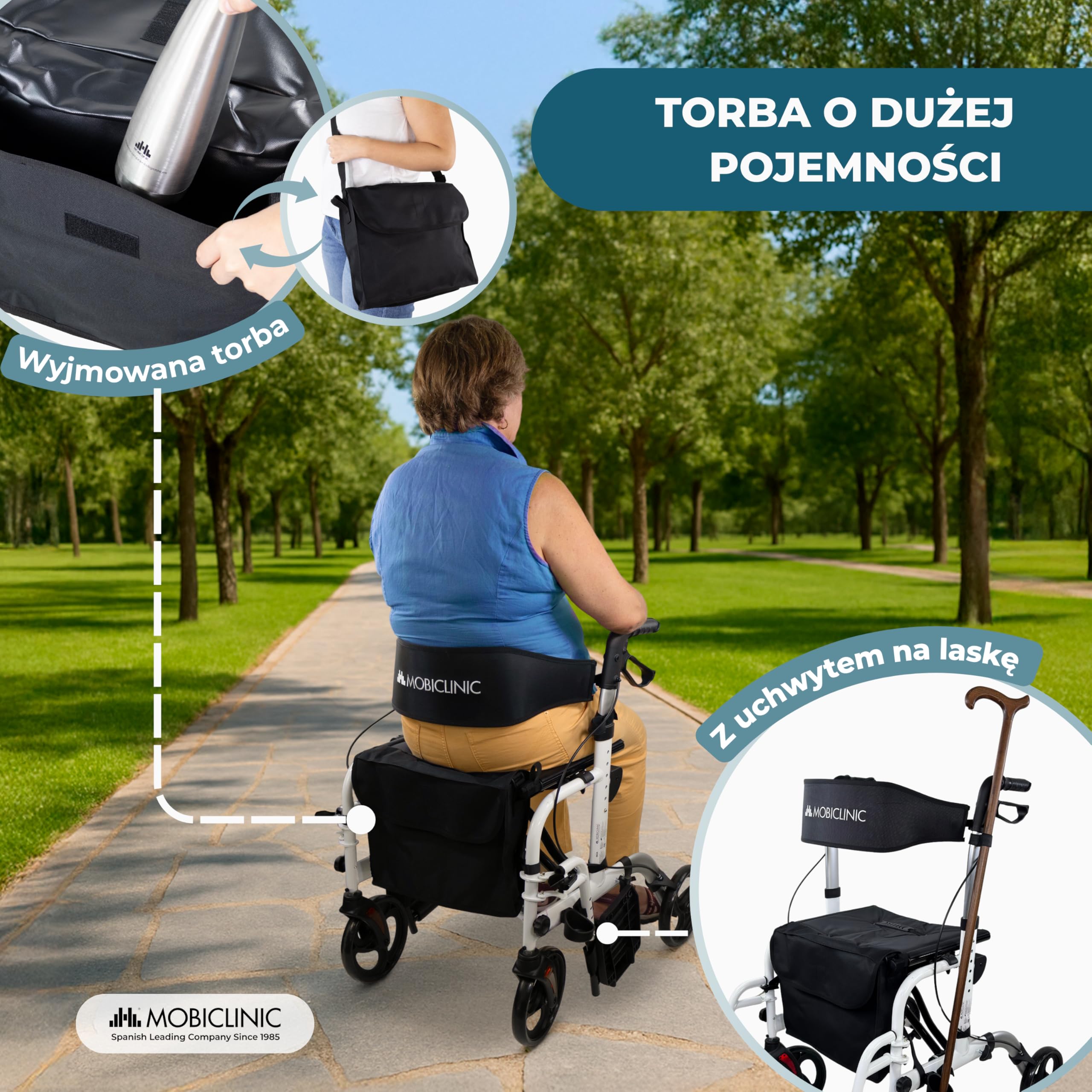 Mobiclinic®, Składany Chodzik z Podnóżkiem, Składany, Regulowana Wysokość, Maks. 136 kg, z Hamulcami, Odwracalne Oparcie, Kółka 360º, Torba, Uchwyt na Laskę, Ibiza