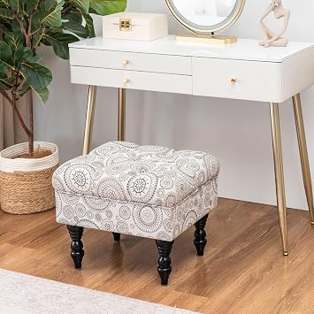 Adeco 20-inch Tufted Ottoman Stool with Wood Legs, Upholstered Foot Rest for Living Room & Bedroom, Mid-Century Boho Accent Stool, Teal Paisley Floral