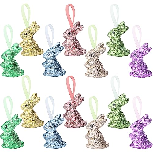 Watayo 14 PCS Easter Foam Glitter Rabbit Ornament-Easter Colored Bunny