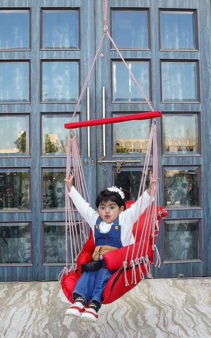Patiofy Cushioned Teddy Baby Swing || Jhula for Kids || Swing for Kids for Home || Swing for Baby Kids || Suitable for 1 to 5 Years Babies & Kids || Cotton Rope Baby Swing Chair || Red